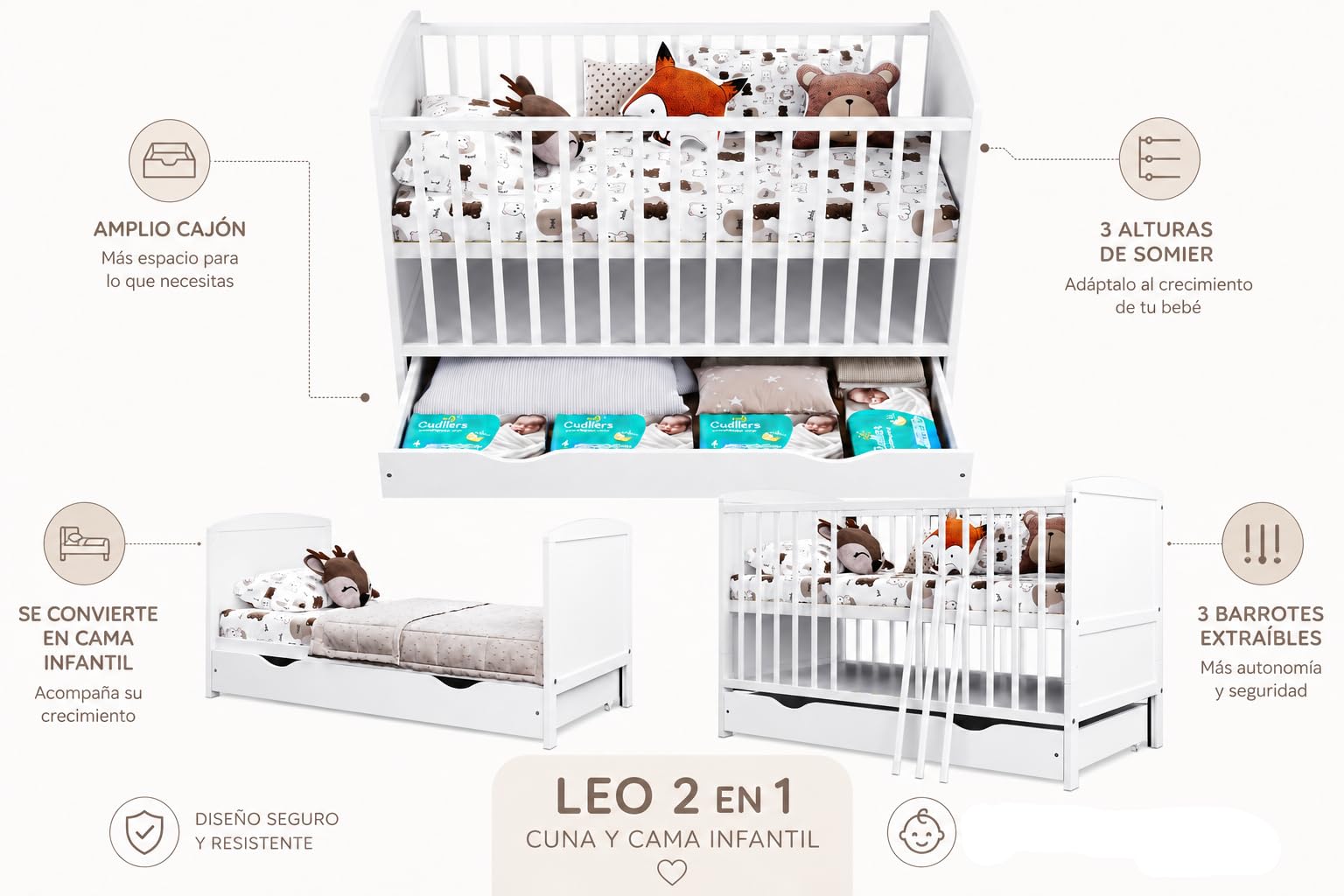 Genérico Cuna Bebé Convertible 60x120 cm con Cajón, 3 Alturas de Somier, 3 Barrotes Extraíbles, Cama Infantil Evolutiva Blanca (sin colchón)