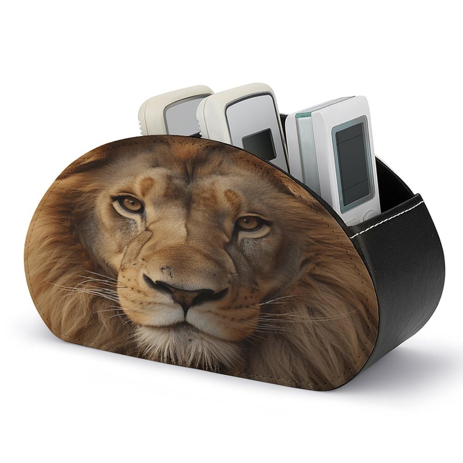 VstaDank African Lion Head Remote Control Holder with 5 Compartments PU Leather TV Remoter Caddy Desktop Organizer TV Remote Holder Remote Box for Media Controllers Office Supplies