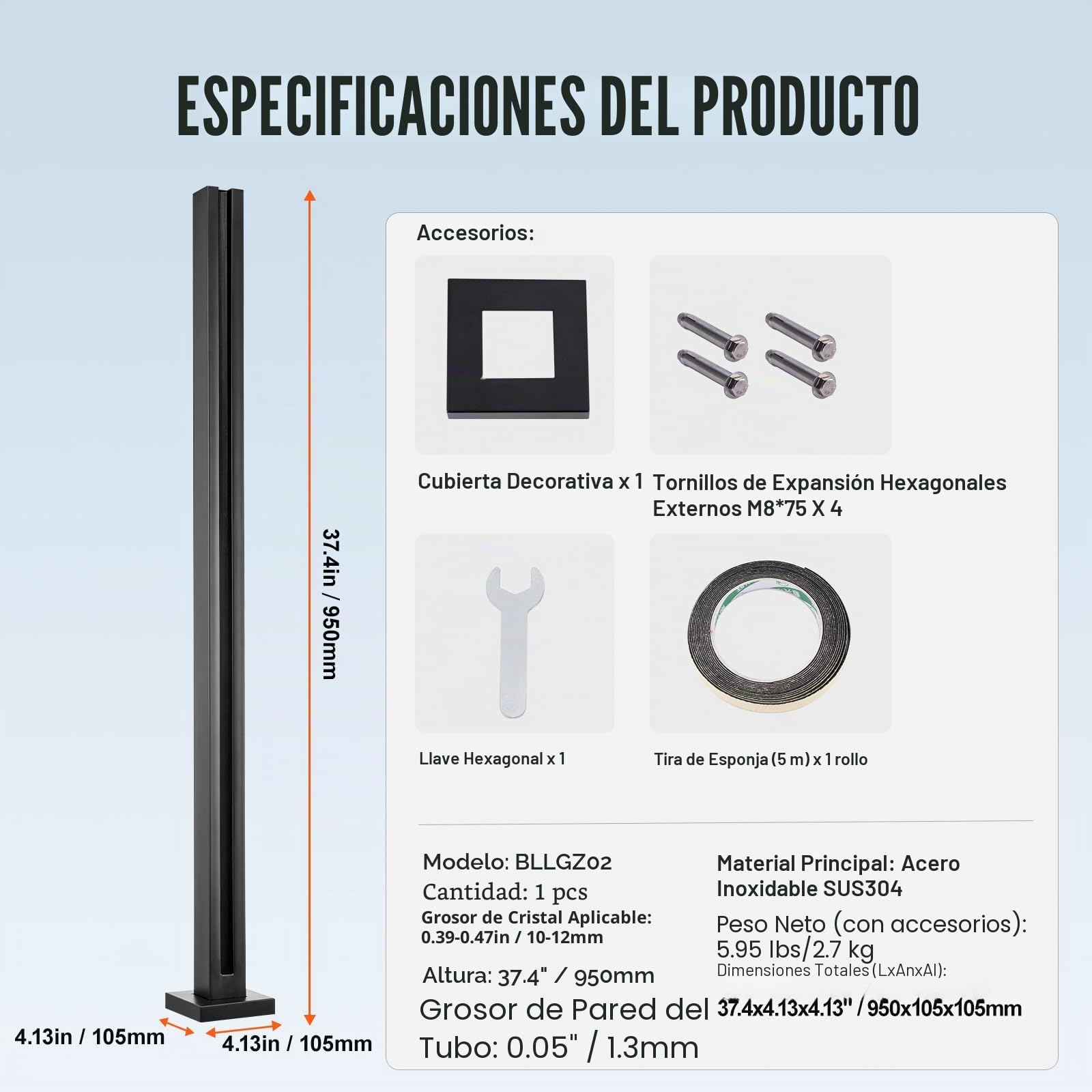 VEVOR Abrazadera de Vidrio, Soporte de Barandilla de Vidrio de 950 x 105 x 105 mm para Vidrio Templado de 10-12 mm de Espesor, Acero Inoxidable 304, para Balcón, Jardín, Cubierta, Escalera, Negro