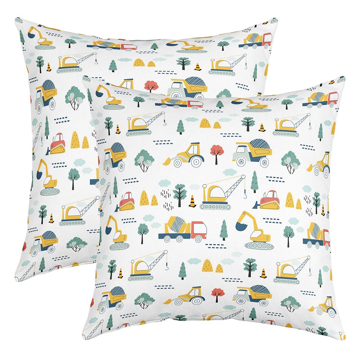 Homemissing Multicolored 17 Cartoon Car Square Cushion Covers Set Of 2 Set 16X16 Inch Construction Vehicles Reversible Throw Pillow Covers For Kids Decor Excavator Pillow Covers Home Decor Equipment Trucks