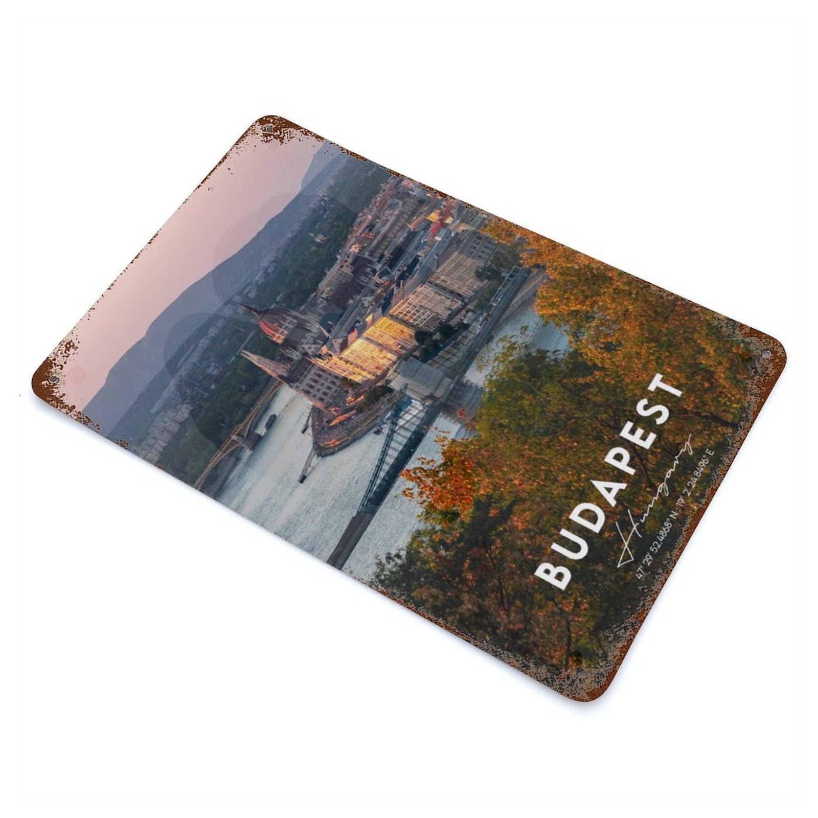 BUDAPEST 11.8"x7.9" Aged Metal Wall Plaque, Retro Wall Decor for Farmhouse, Kitchen And Entryway Decor