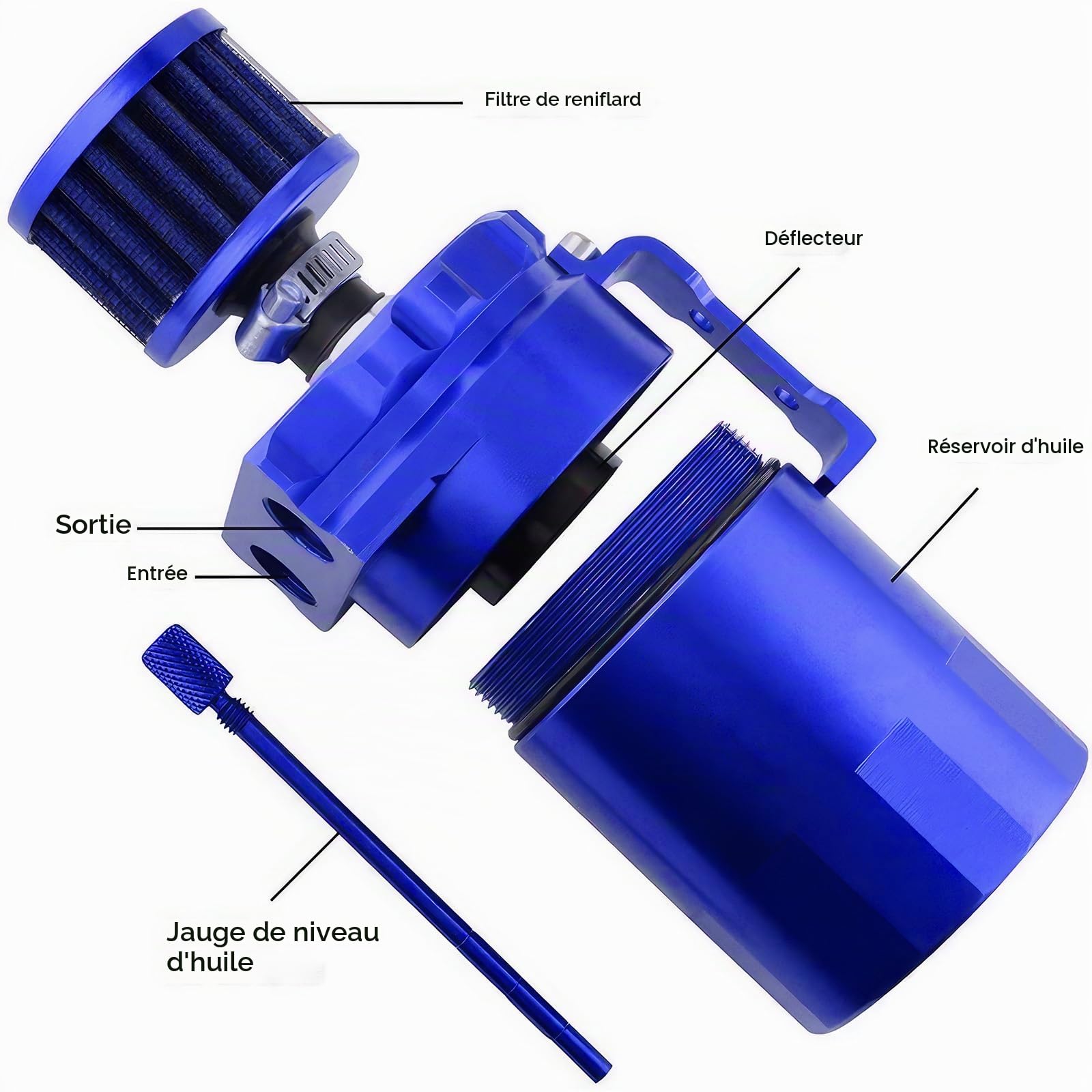 Oil Catch Can Auto, 300ml Réservoir pour Véhicule en Aluminium, Universel Bidon d'Huile Voiture avec Filtre à Air, 2 Ports, Tuyau et kit d'Accessoires(Blue)