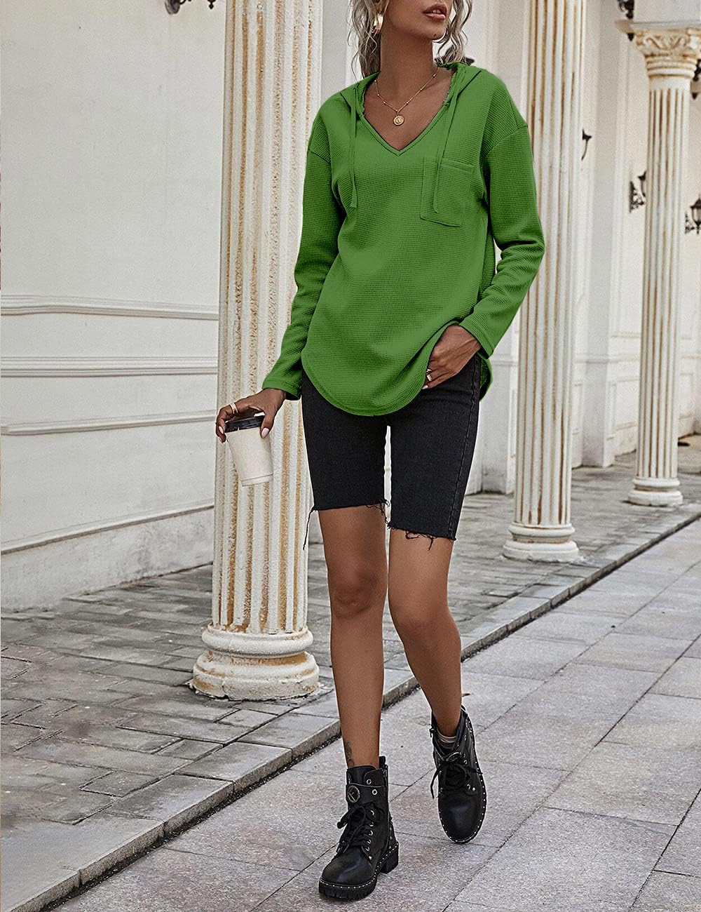 Cuptacc Felpa Donna con Cappuccio 2024 Maglione Scollo A V Autunno Maglia Manica Lunga Camicia Elegante