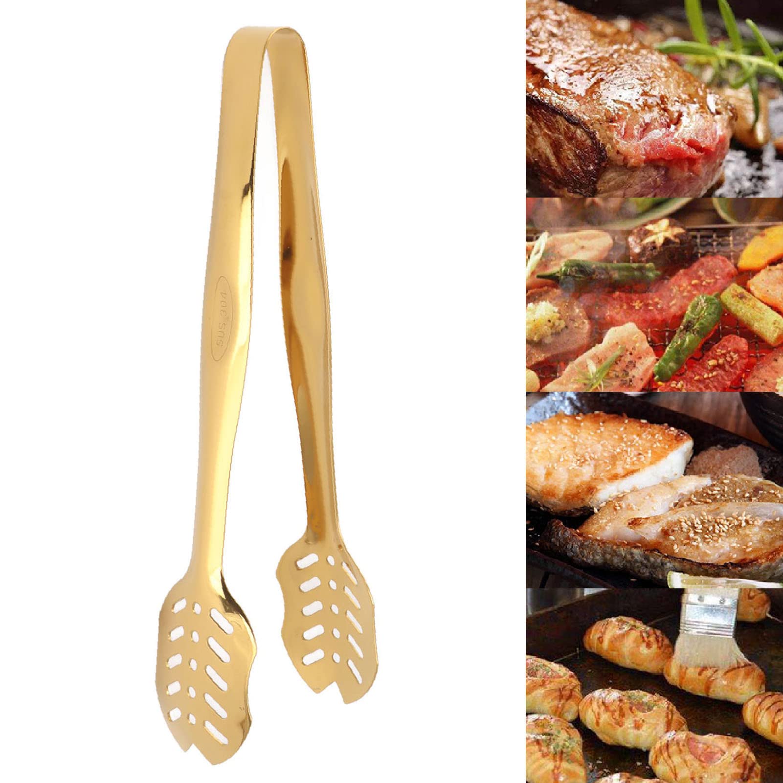 Pinzas de Cocina de Acero Inoxidable para Buffet, Barbacoa, Ensalada, Carne y Pan, Pinzas para Servir de Tamaño Regular en Color Oro