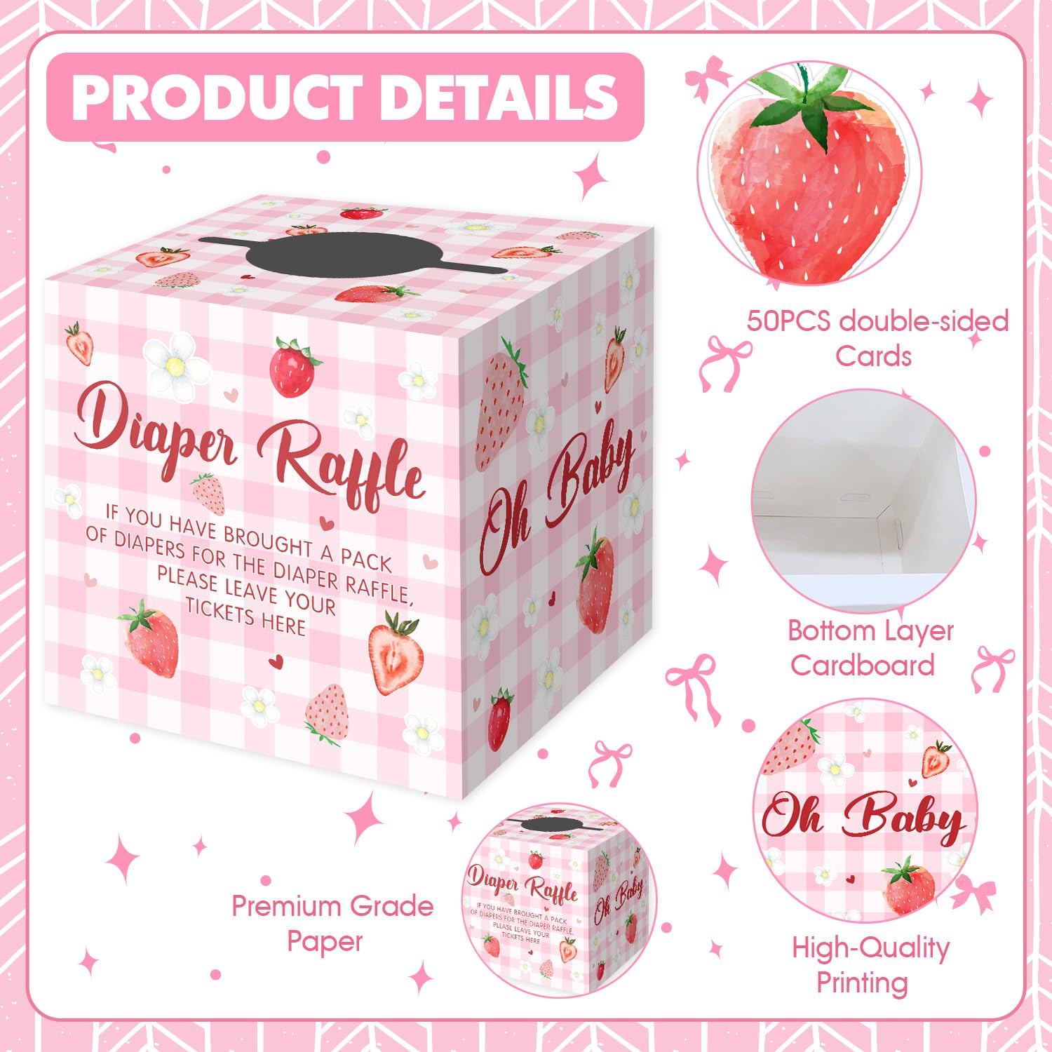 Berry Sweet Baby Shower Dekoracje - 50 szt. Różowa Truskawka Pielucha Loteria Bilety z Pudełkiem, Jagoda Słodkie Dziecko jest w drodze Dekoracje, Truskawka Baby Shower Pudełko na pieluchy