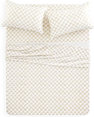 Miniatura 3 de Wake In Cloud - Juego de sábanas de cuadros a cuadros, patrón geométrico dibujado a mano preppy impreso en blanco beige, ropa de cama de microfibra