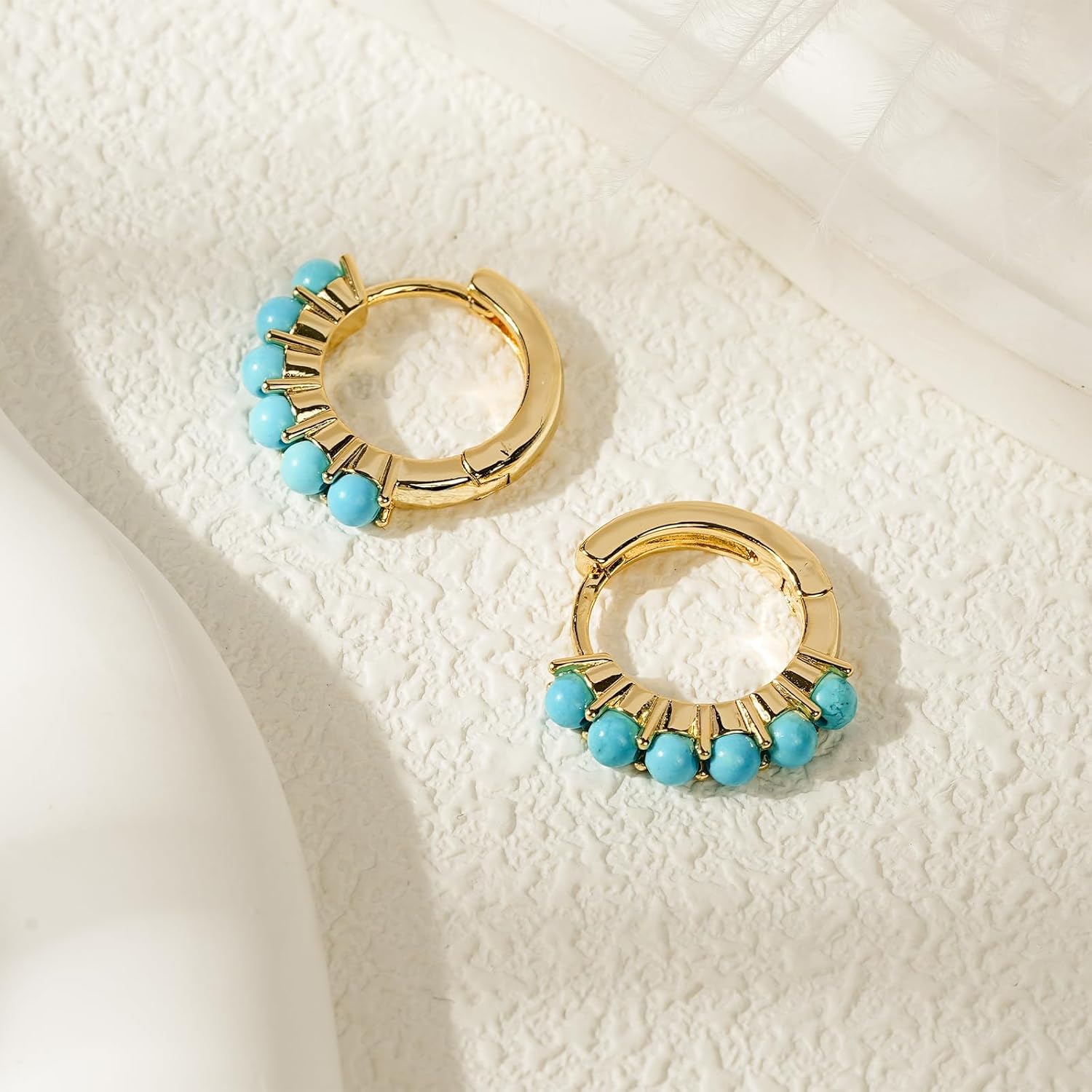 Natural Gemstone Hoop Earrings for Women 14k Gold Plated Round Pearl Huggie Earring Aquamarine Turquoise Jewelry Gift for Wife Mother Daughter Girlfriend - Image 5