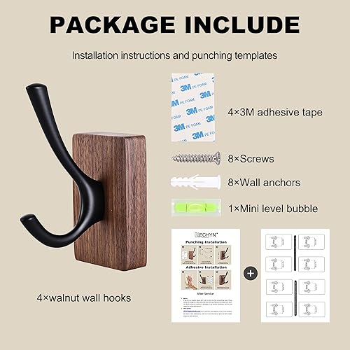 Miniatura 7 de Paquete de 4 ganchos de pared de madera de nogal para colgar, montaje adhesivo y montaje en pared, colgador decorativo de madera de doble gancho