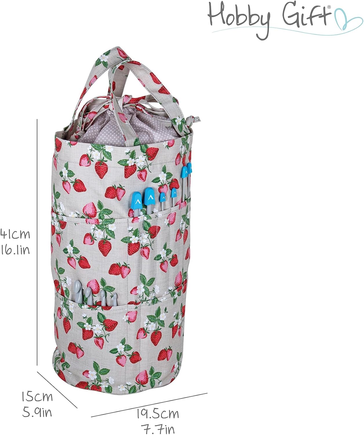 Hobby Gift Knitting Bag Drawstring Yarn Storage Tote with External Pockets for Knitting Crochet and Craft Projects