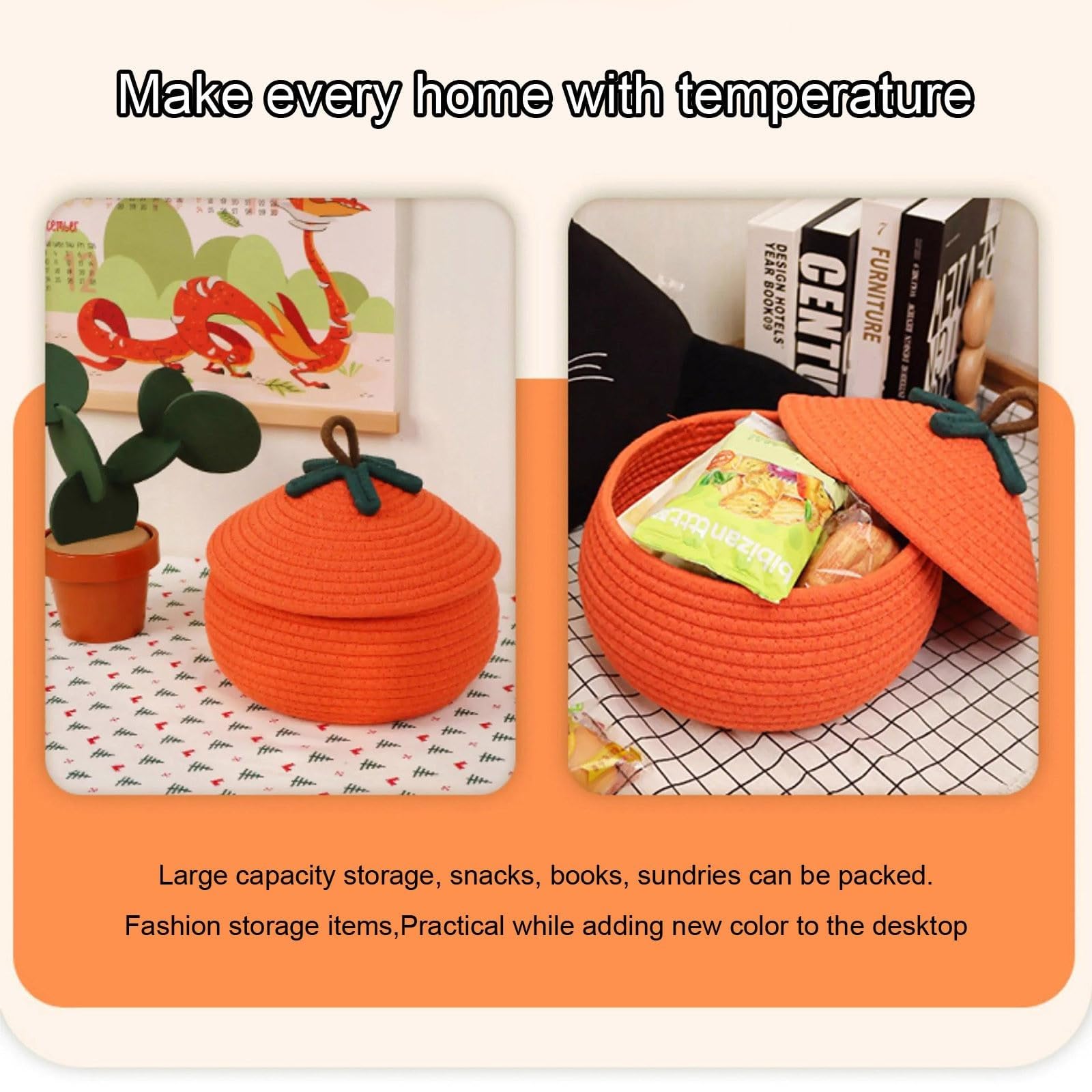 Halloween Pumpkin Woven Basket With Lid – Fall Storage Bin, Rustic Home Decor & Organizer