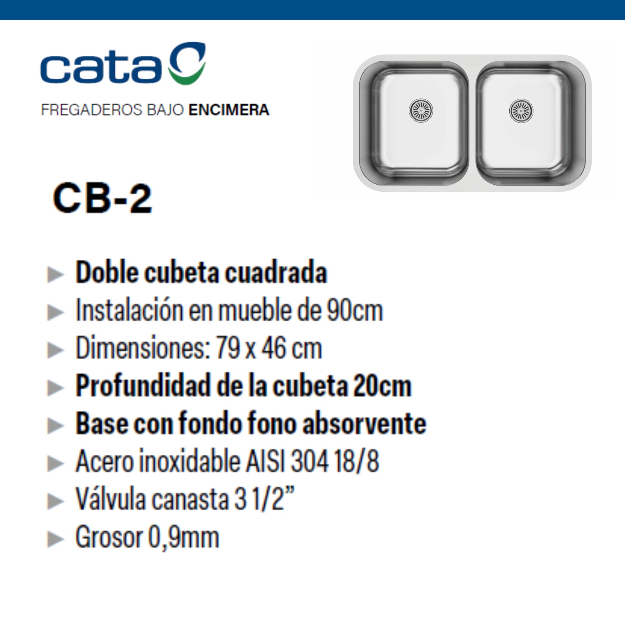 Cata Fregadero Cocina Bajo Encimera 2 Senos CB-2 /B Cuadrado, 79x46 cm, Profundidad 20 cm, Fonoabsorbente, Accesorios Incluidos, Instalación en Mueble de 90 cm, Acero Inoxidable Gris