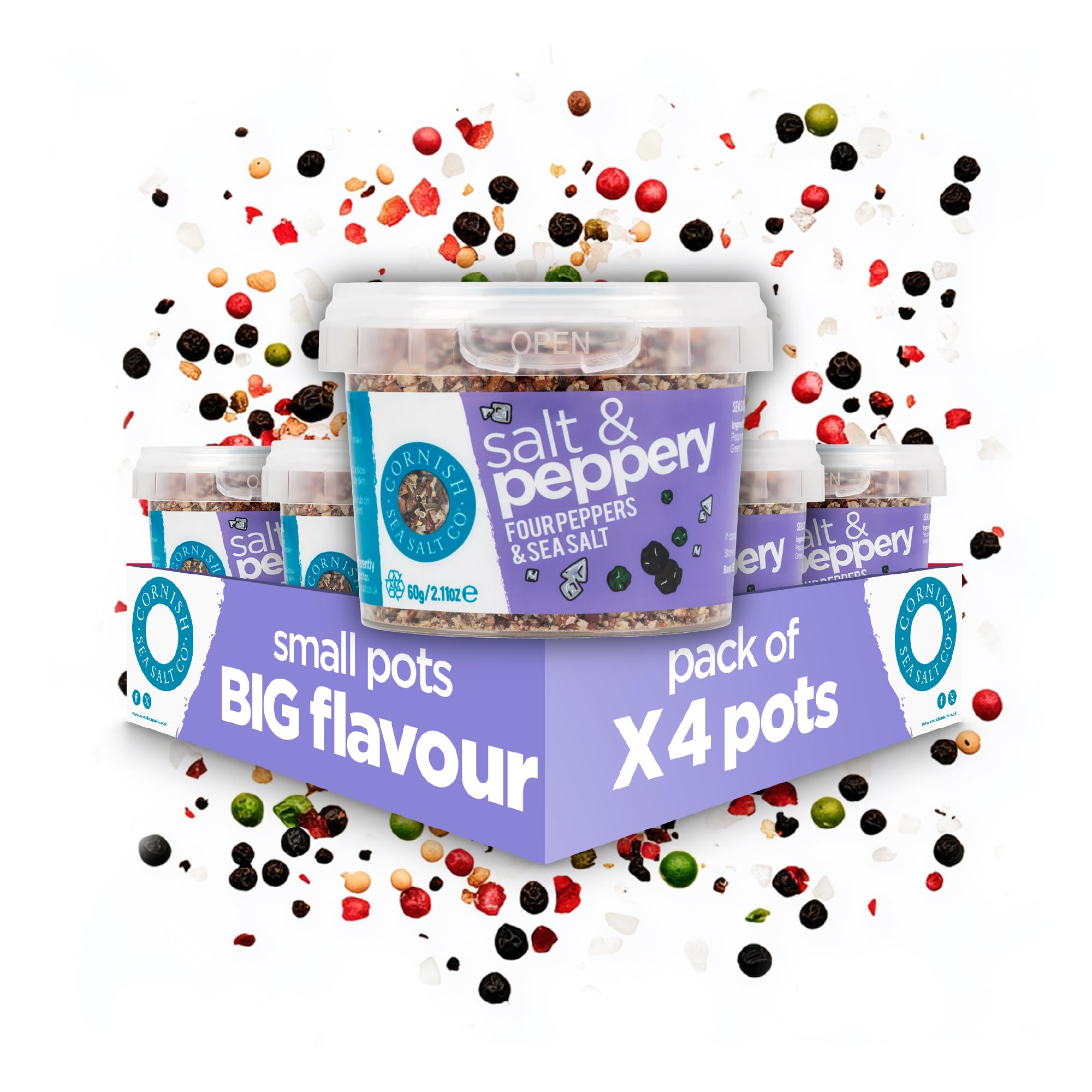 Cornish Sea Salt - Salt and Peppery - Rich in Minerals, Hand Harvested in Celtic Waters, Michelin Starred Chef Approved - Spices for Cooking, Kitchen Accessories - 4 x 60g