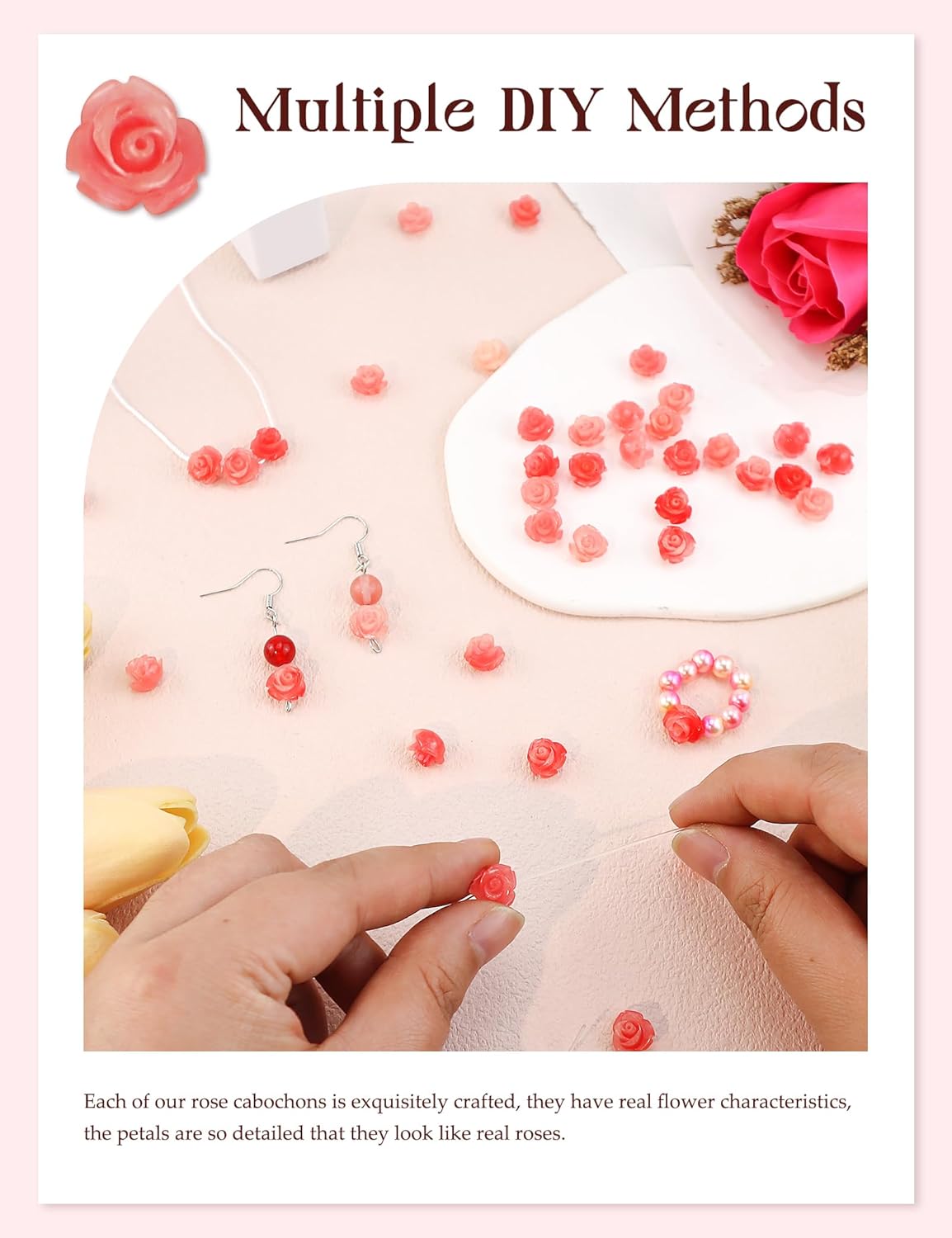 50 Pcs Pink Opaque Carve Rose Bead, 10mm Flower Carving Loose Beads Charms for Jewelry Making Necklace Bracelet Earring DIY Craft Valentine's Day Wedding Anniversary - Image 4