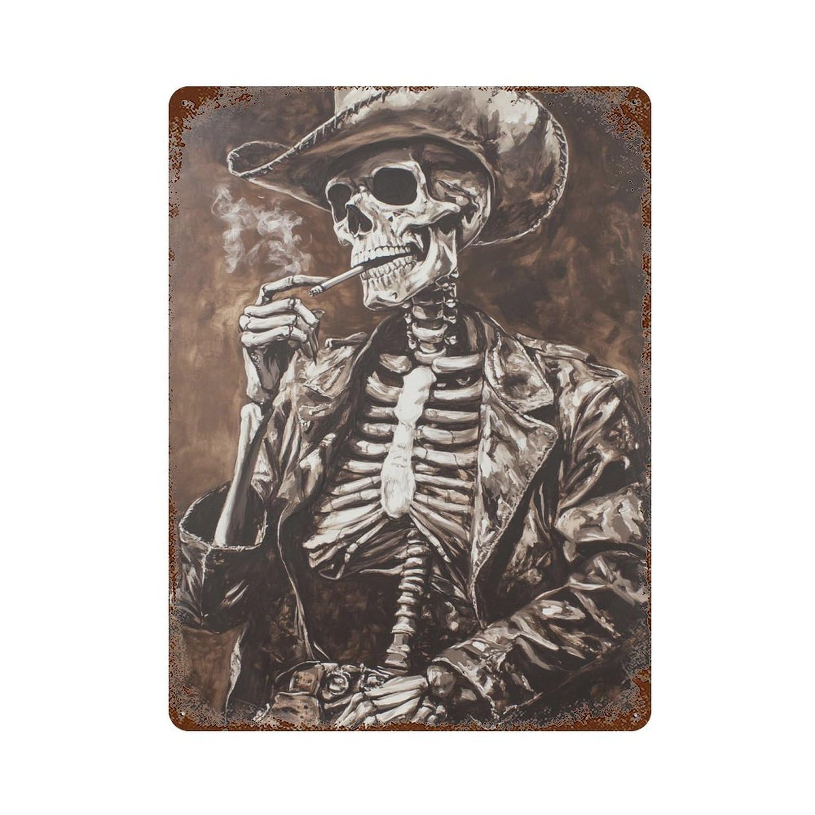 Western Skeleton Smoking Art Print Decorative Tin Sign 15.7"x11.8", for Farmhouse, Kitchen And Entryway Decor, Vintage Wall Decor