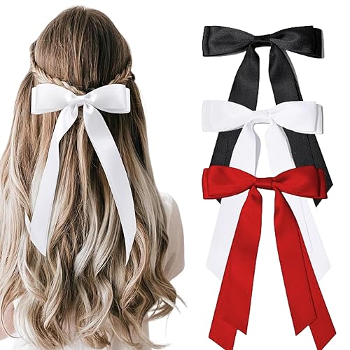 Miniatura 7 de Lazos para el pelo de cinta para mujeres y niñas, 10 lazos para el cabello con lazo, lazos de cola larga, lazos para pasadores de pelo (negro,