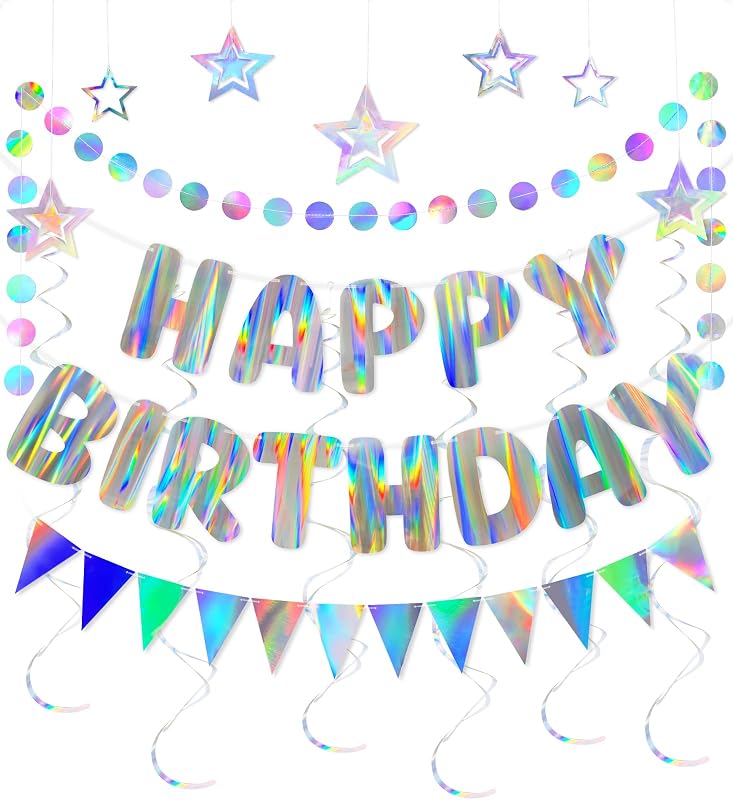 Decoraciones de cumpleaños iridiscentes con pancarta de feliz cumpleaños preencordada | Lindo juego de decoración holográfica para fiestas con serpentinas, banderas y guirnaldas para celebraciones de cumpleaños de niños, niñas, niños, mujeres y hombres