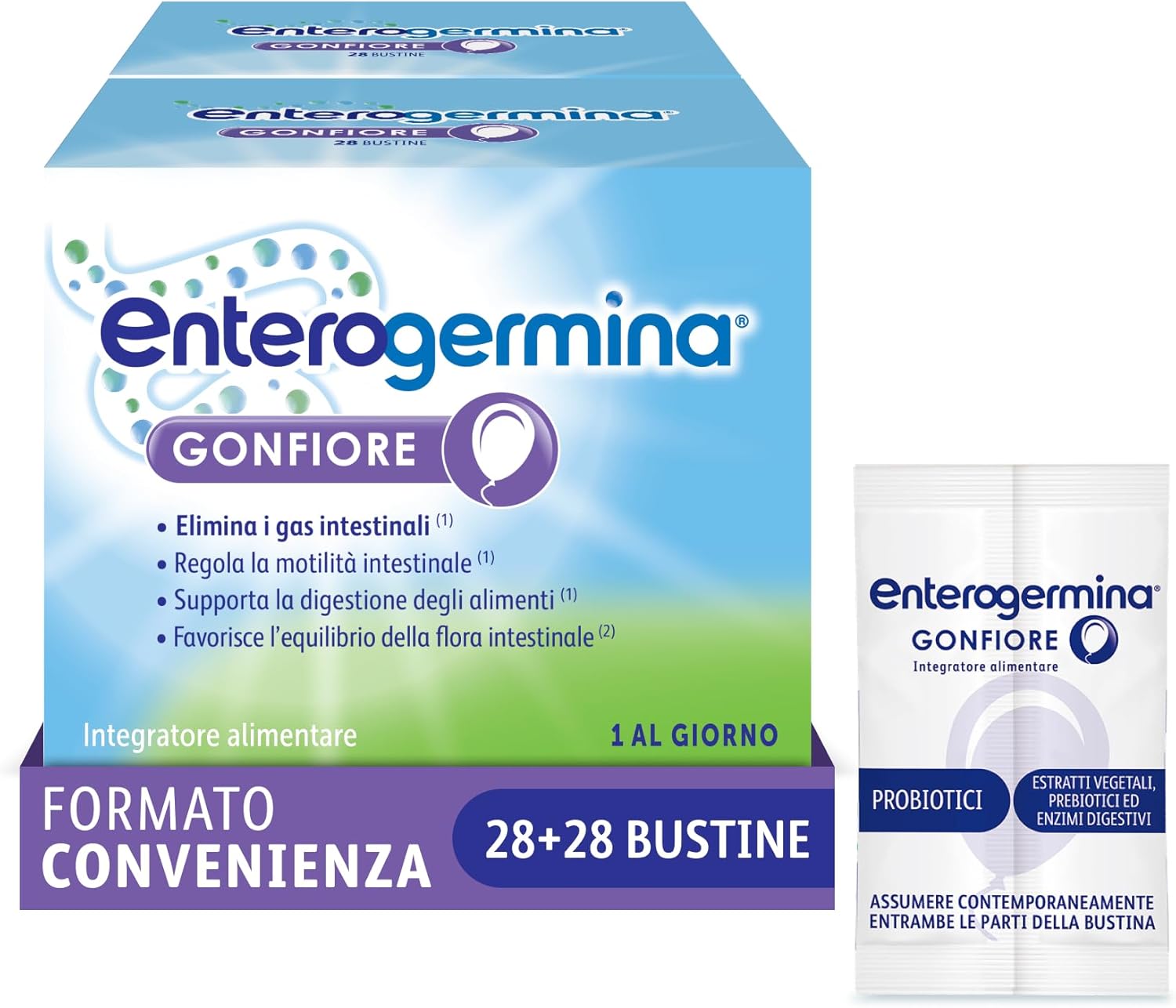 Enterogermina Gonfiore, Fermenti Lattici Probiotici, Prebiotici per Adulti - Integratori con Enzimi Digestivi ed Estratti Vegetali contro Pancia Gonfia e Gonfiore Addominale (56 Bustine Gusto Pesca)
