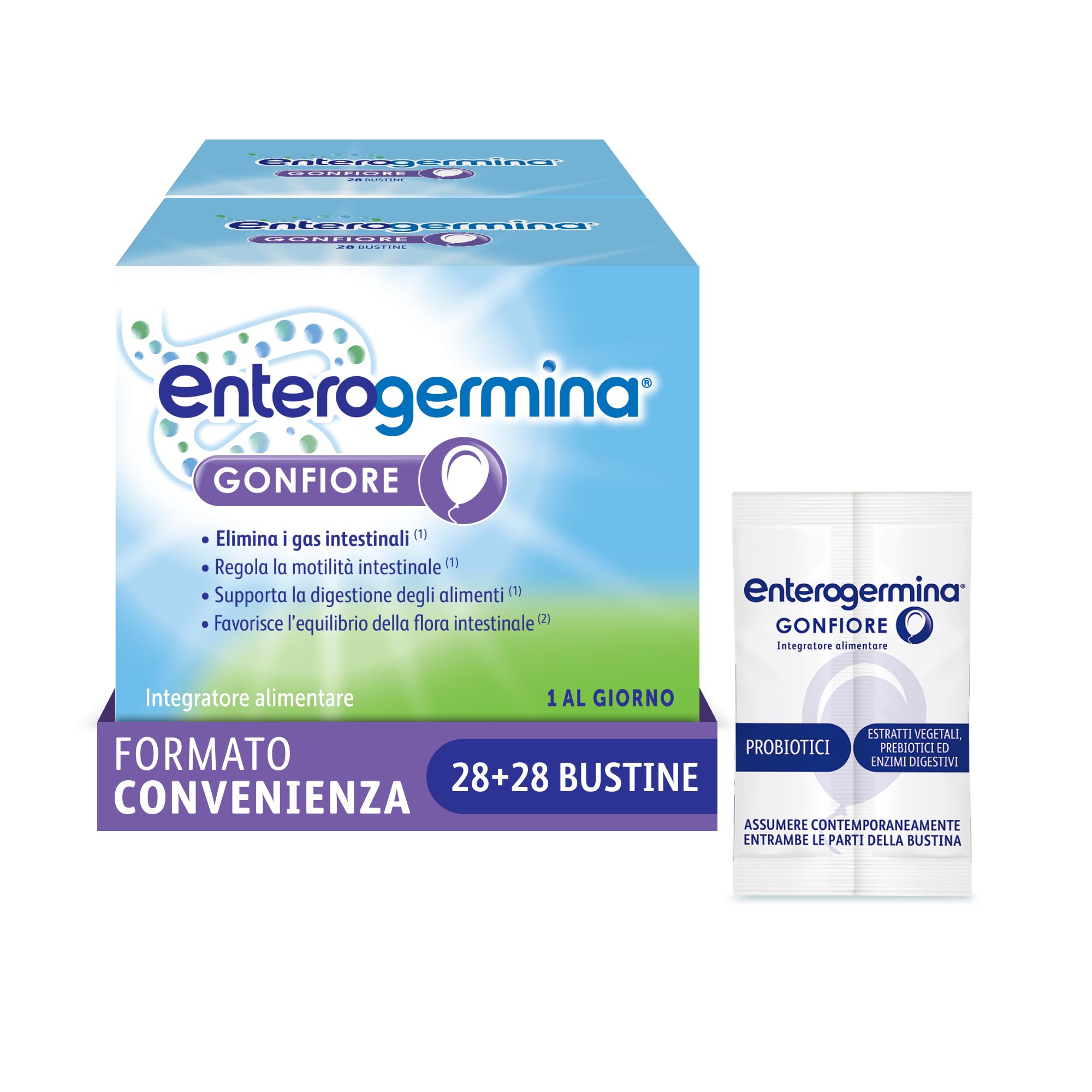 Enterogermina Gonfiore, Fermenti Lattici Probiotici, Prebiotici per Adulti - Integratori con Enzimi Digestivi ed Estratti Vegetali contro Pancia Gonfia e Gonfiore Addominale (56 Bustine Gusto Pesca)