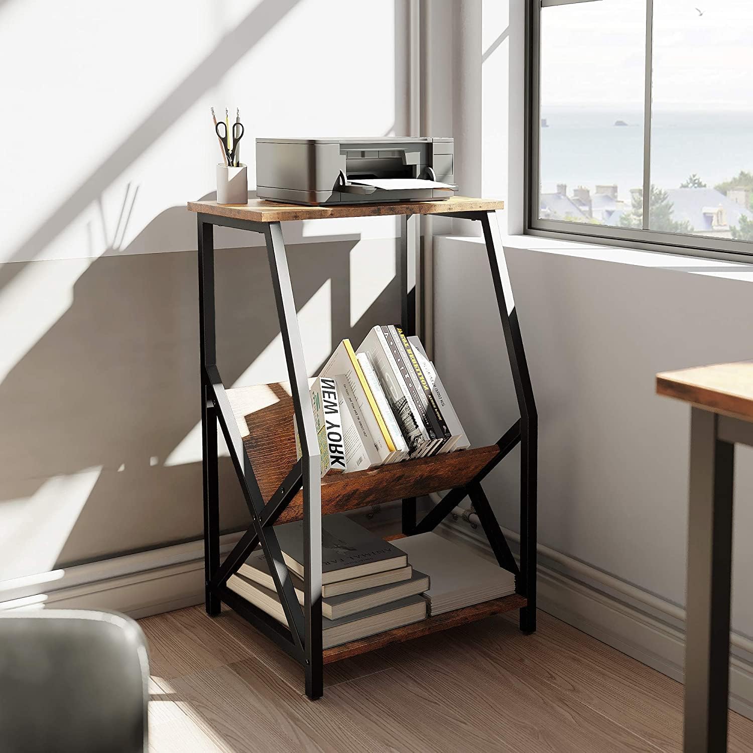 IRONCK End Tables Living Room, 3 Tier Larger Record Player Stand with Storage, Side Table Wood Look with Metal Frame, Vintage Brown