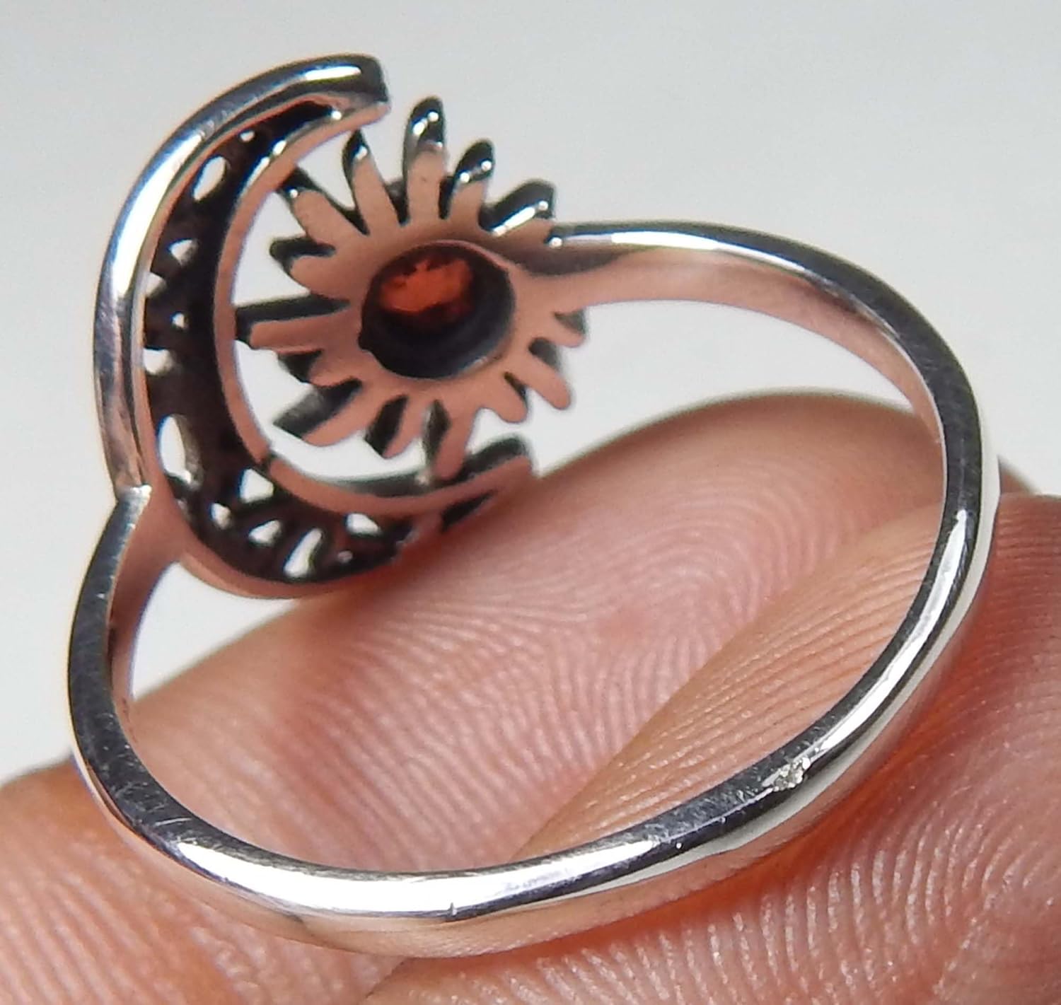Crescent Moon And Sun Garnet Round Faceted Gemstone 925 Sterling Silver Garnet Ring Jewelry for Good Luck Promise Ring Vintage Ring Birthday Gift Gift For Her