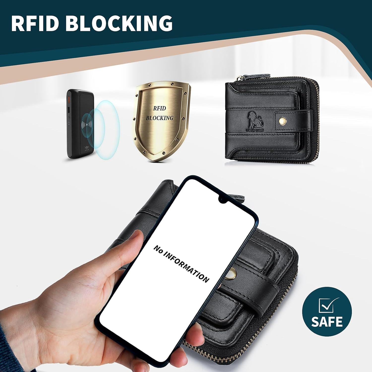 BAIGIO Genuine Leather Wallets for Men Multi Card Purse with Zipper Wallet Men RFID Blocking Coin Pocket (Type 2-Black) image 8 of 8 B0C39SYSR7