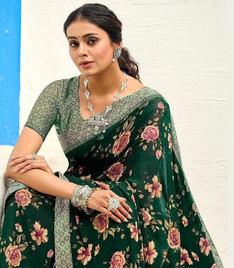 Sari indien georgette vert léger et infroissable pour tenue confortable