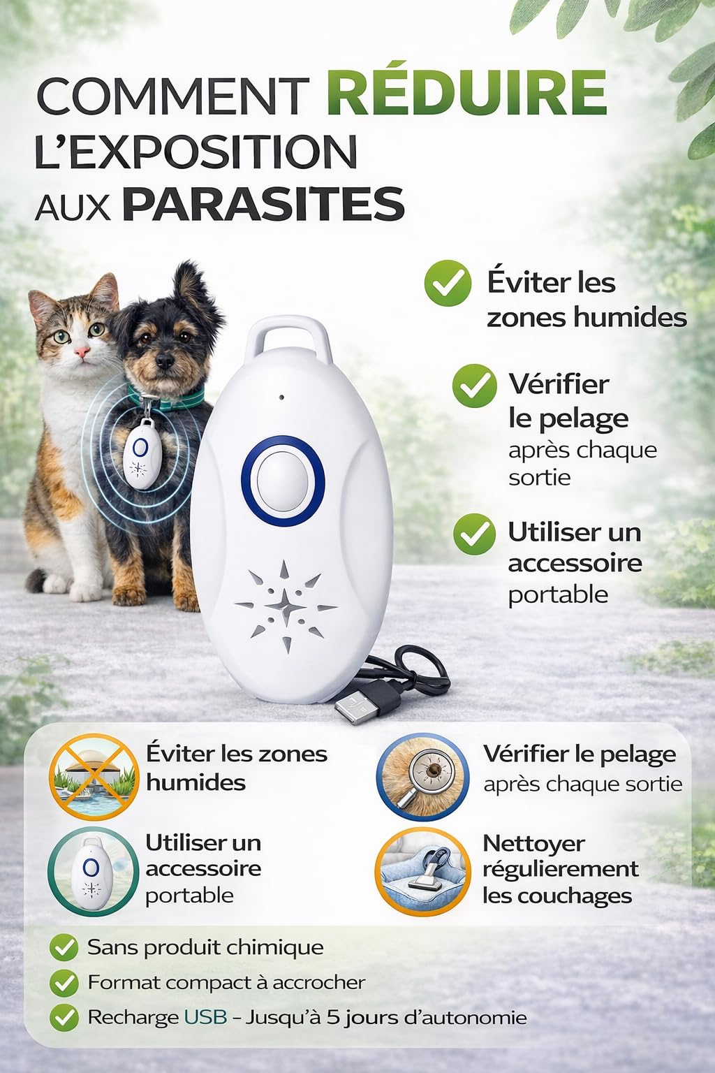 Répulsif Anti-nuisible Ultrasons Portable, Rechargeable USB, portée 3 m, sans Produits Chimiques, Protection Puces Tiques Moustiques, Animaux domestiques Chiens Chats, Anti-Moustique - 1 unité