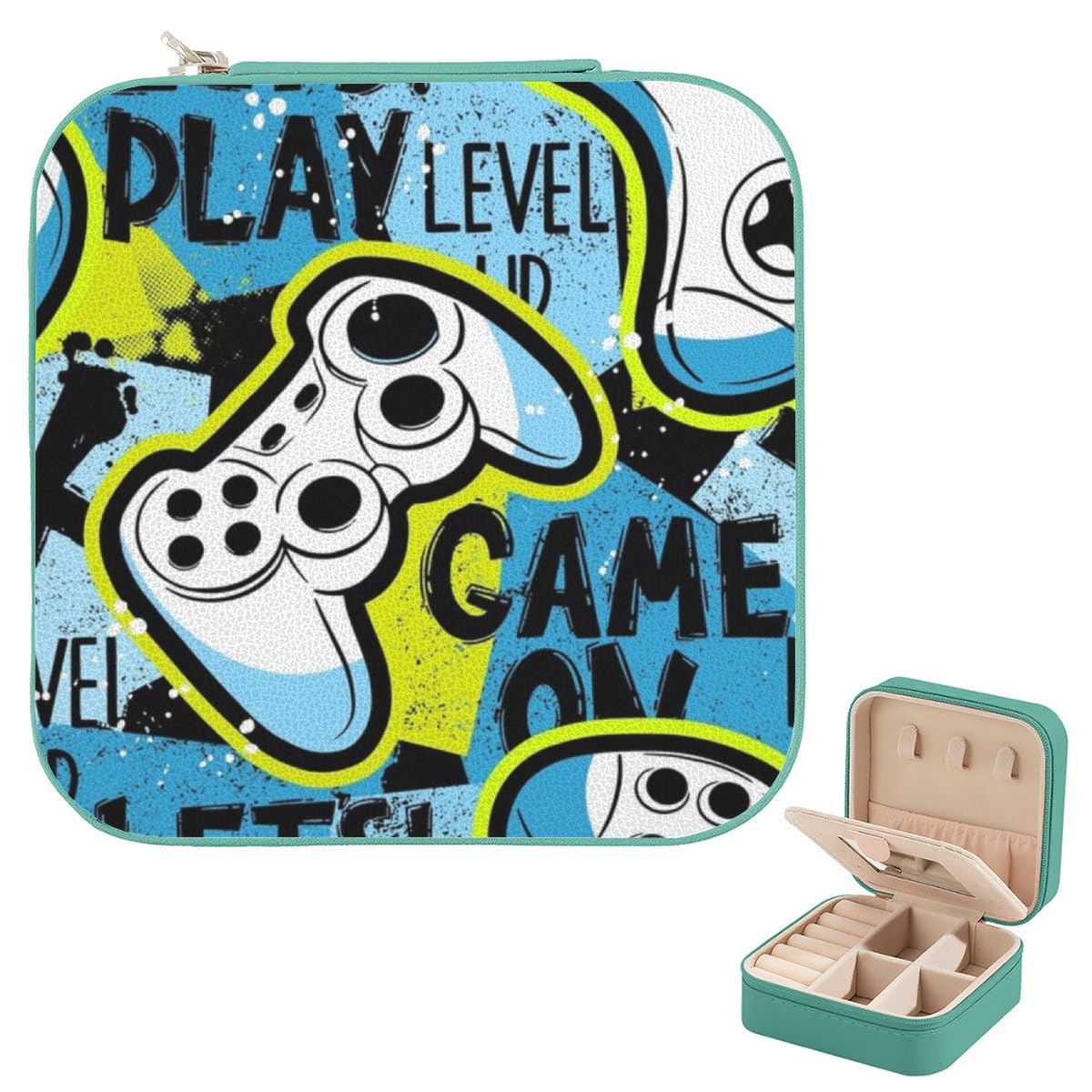 Mens Jewelry Box Colorful Pixel Joystick Game Blue Leather Pale Green Ring Holder Cute Things for Girls Compact