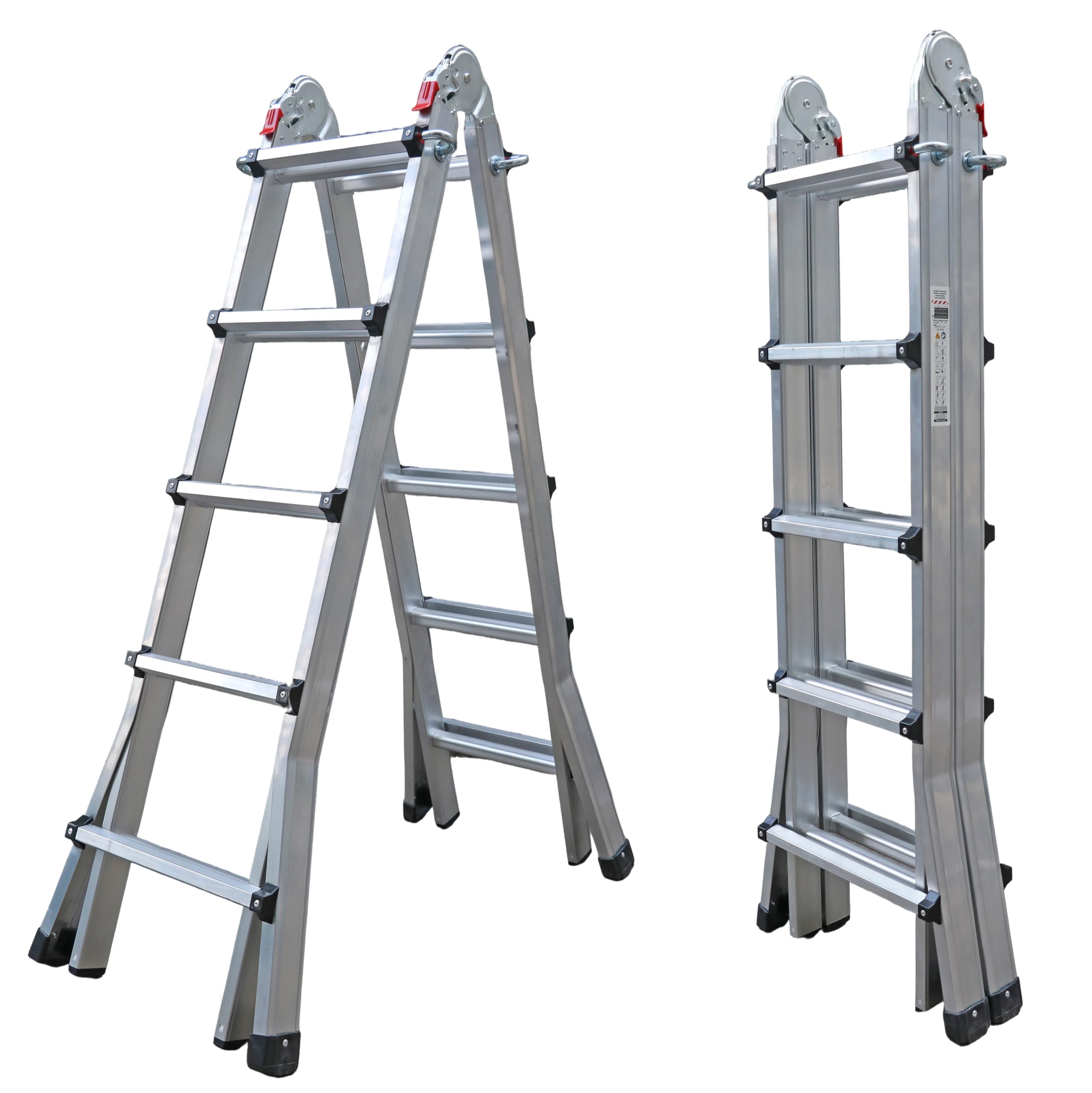 UZIRO Telescopic Folding Ladder Aluminium 4 x 5, Multi-Position Extendable 5.19 m, 5 Steps, Supports up to 150 kg, Foldable and Compact, Grey