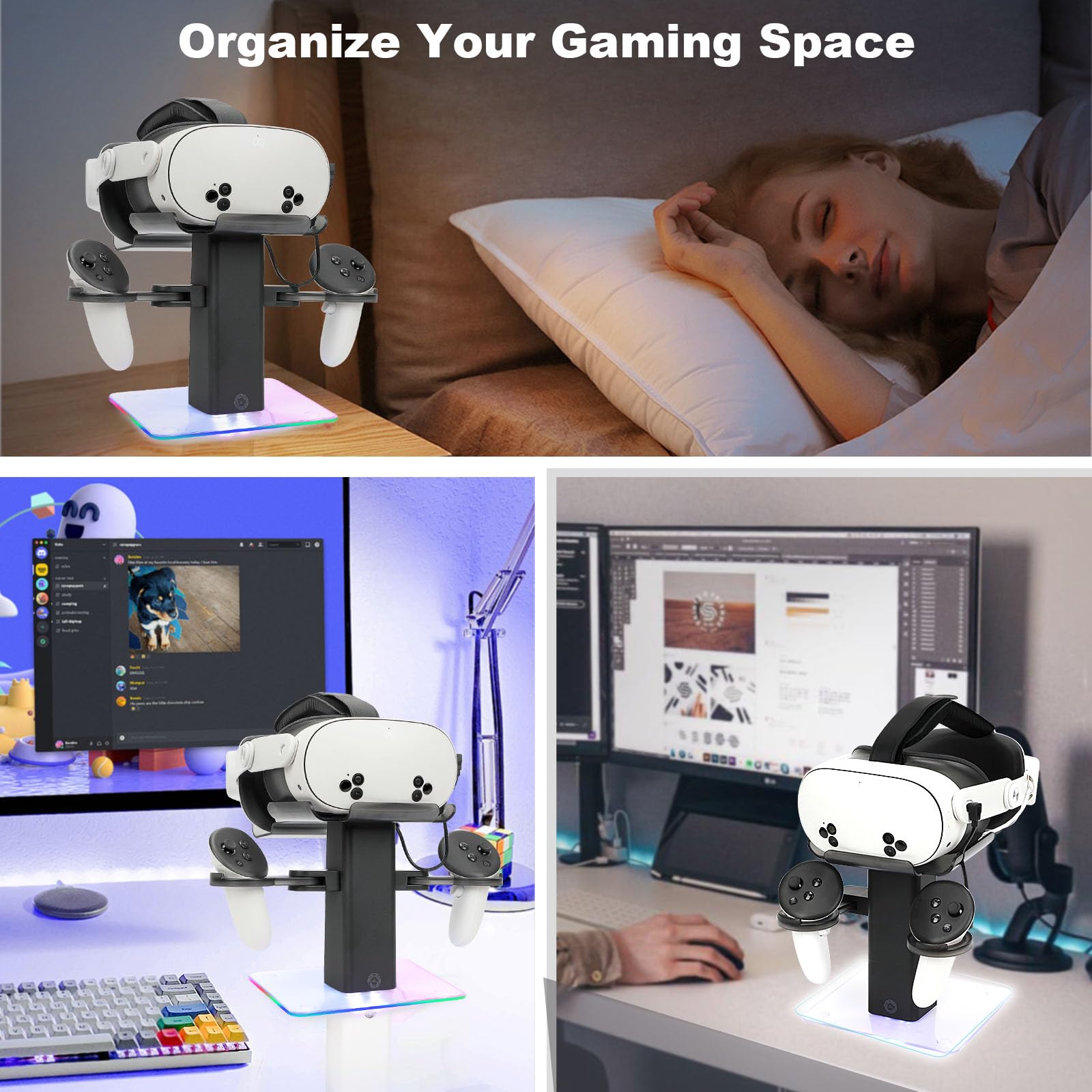 Base de carga para accesorios Oculus/Meta Quest 3S/Quest 3/Quest 2/Quest Pro, luz LED RGB, soporte de carga vertical y soporte para controlador, solo carga para auriculares VR (negro)
