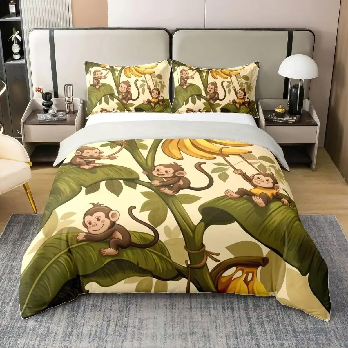NDXRWDZR King Size Duvet Set Monkey Duvet Cover with Zipper Closure Bedding Set for Aldults Kids Soft Hypoallergenic Microfiber Quilt Cover 230x220 cm + 2 Pillowcases 50x75 cm