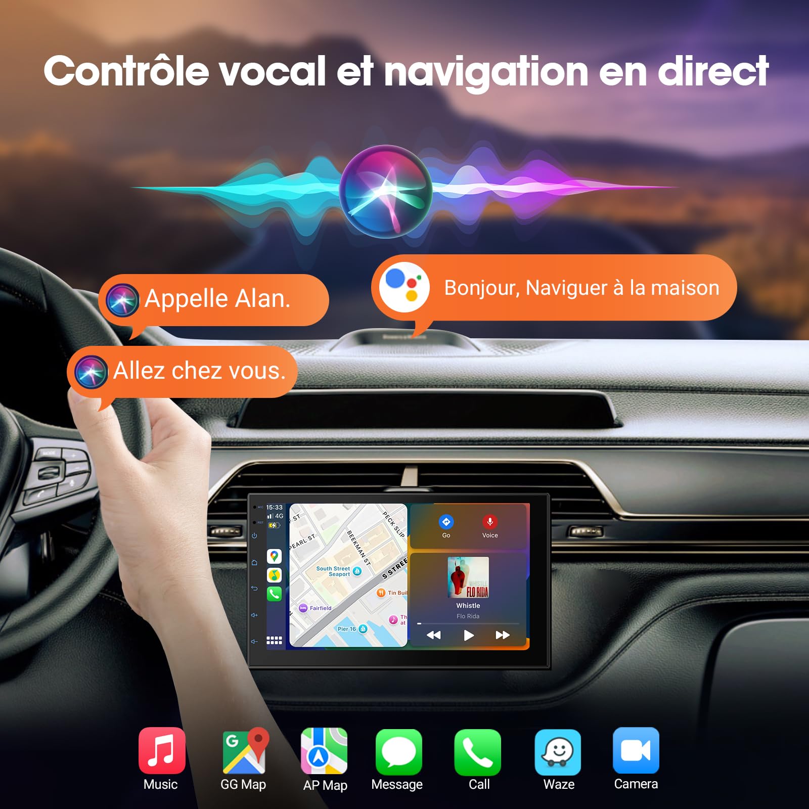 Haudio 7 Pouces Autoradio Bluetooth 2 DIN avec CarPlay &Sans Fil Android Auto, HD Ecran Tactile avec Mirror Link/Vivavoce/GPS/Commande Vocale/AUX/RDS/FM Radio pour Tous Les Véhicules avec Caméra 2+64G