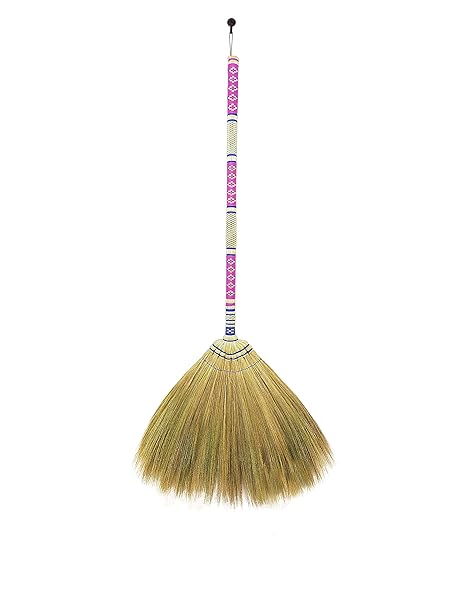 Natural Grass Broom Length 39-40 Inch with Bamboo Magenta Handled Indoor Outdoor Smooth & Hard Floor - Sweeping Cleaning Tool Unique Handmade Craft Broom Design for Home, Kitchen, Grage, Bedroom