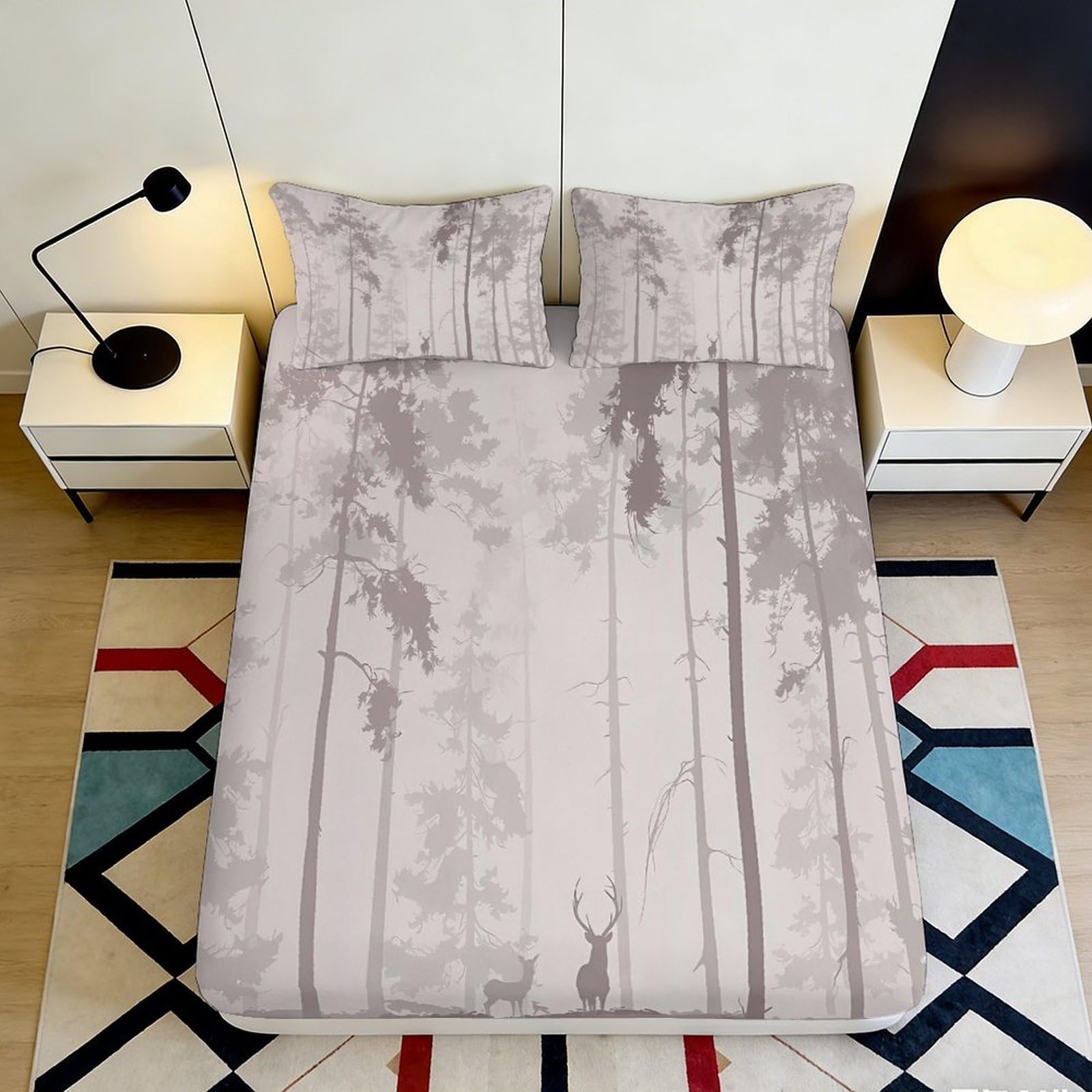 3D Printed Forest Silhouette Fitted Sheet Microfiber Soft Beige Deer Woodland Mattress Cover for Bedroom Guest Room Decor 180x200x25cm