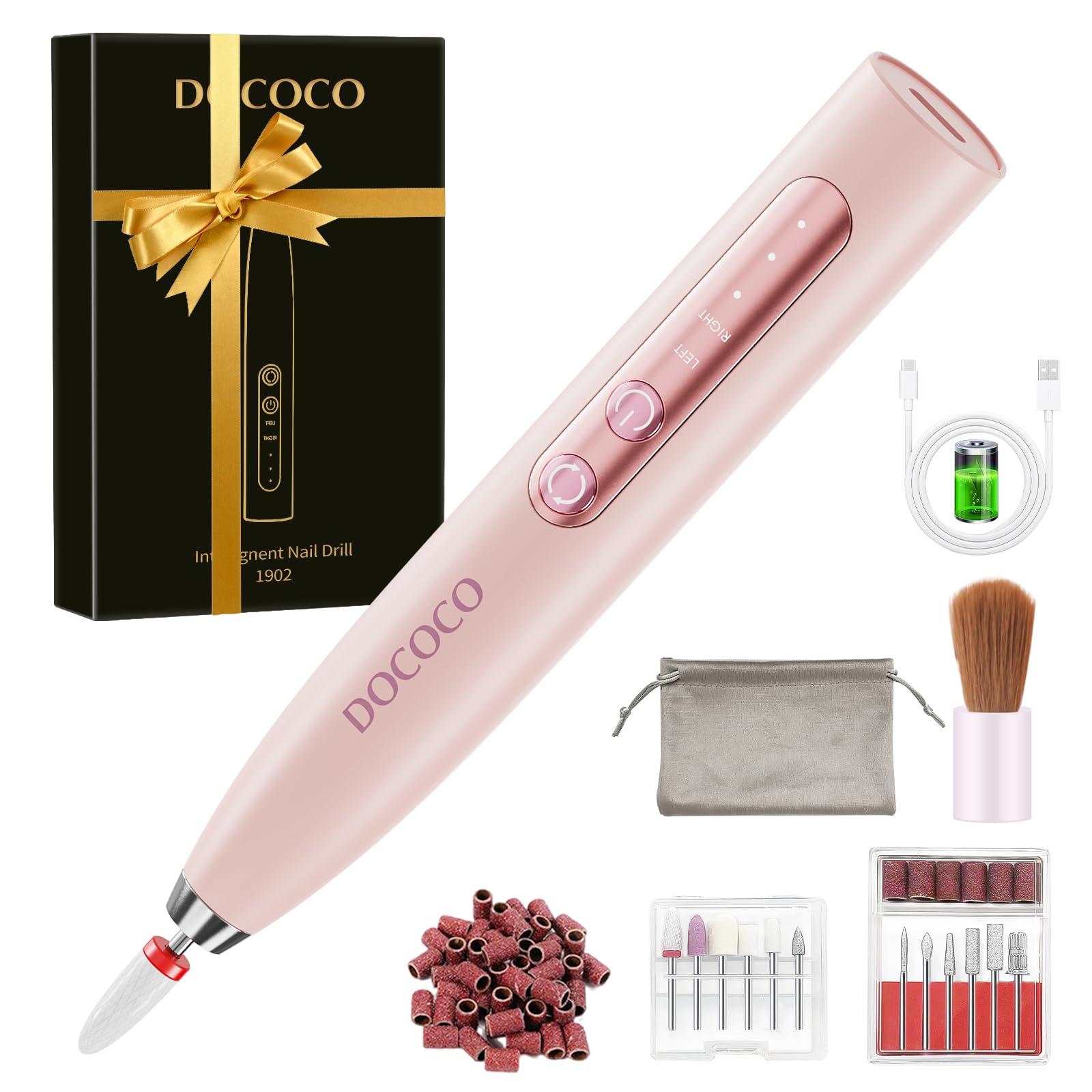 DOCOCO 15-IN-1 Elektrische Nagelfeile Kabellos, 35.000 U/Min | Nagelfräser für Gelnägel Geschwindigkeit, Acryl-Gel-Dip-Pulver-Entfernung, Nageldesign-Übung, Maniküre Pediküre Rosa