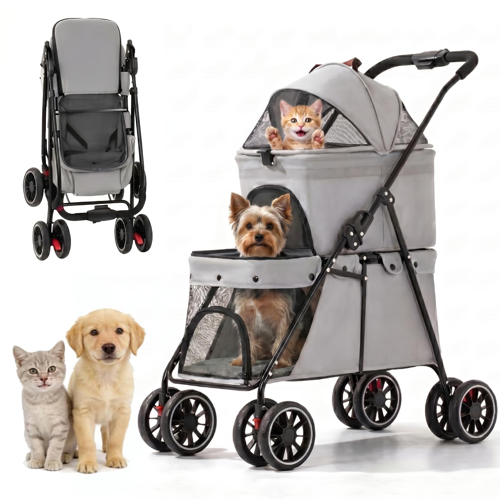 Simanli Double Pet Stroller for Small Cats Dogs Foldable 2 Carriages Portable Puppy Kittens Trolley 4 in 1 Pet Stroller 4 Wheels for Spring Summer Travel Camping Walk with Storage Bag Gray