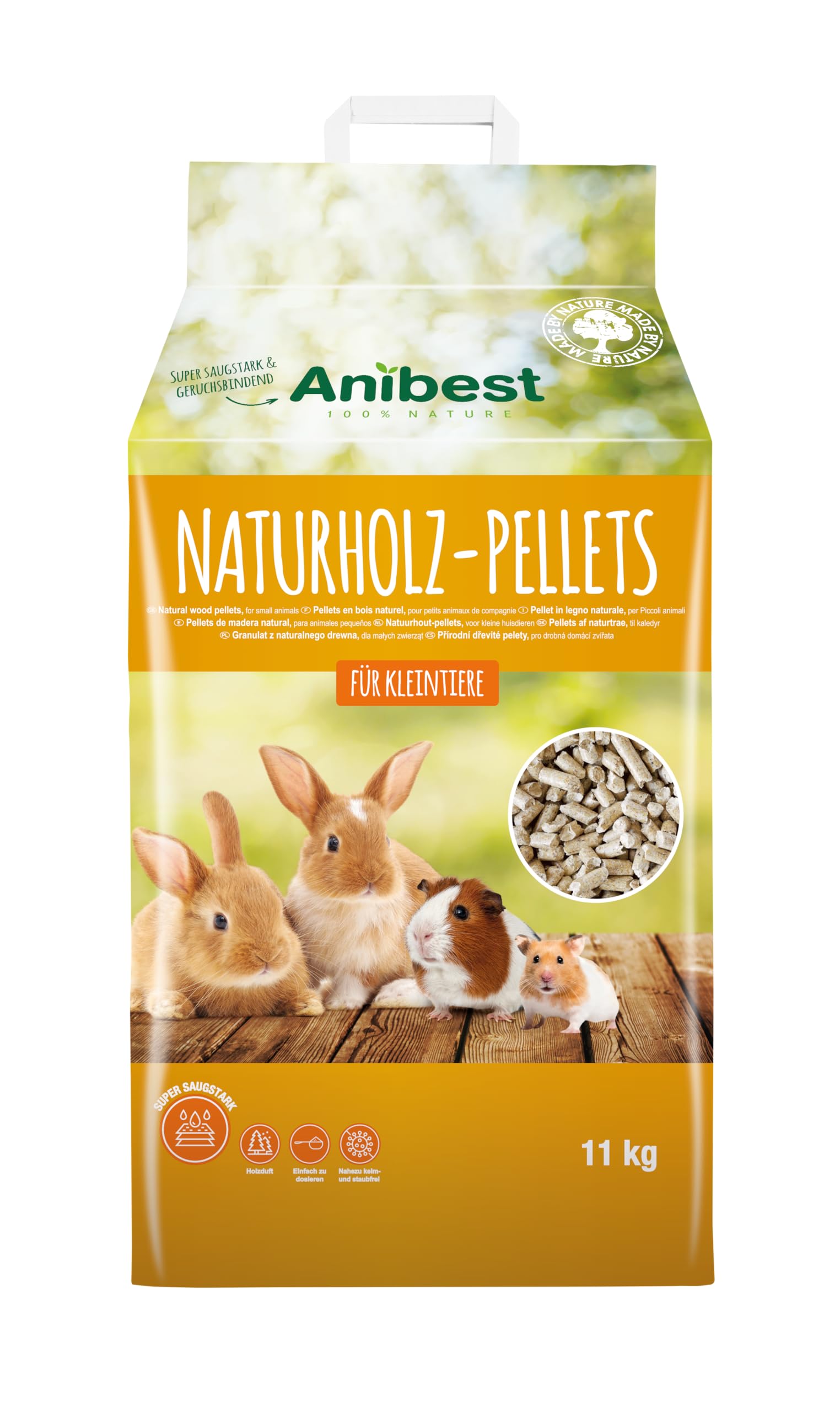Anibest Pellet di piccoli animali, 100% lettiera naturale per conigli, criceti, porcellini d'India e Co, pellet di legno assorbenti e antiodori, lettiera facile da dosare, 11 kg/20 l