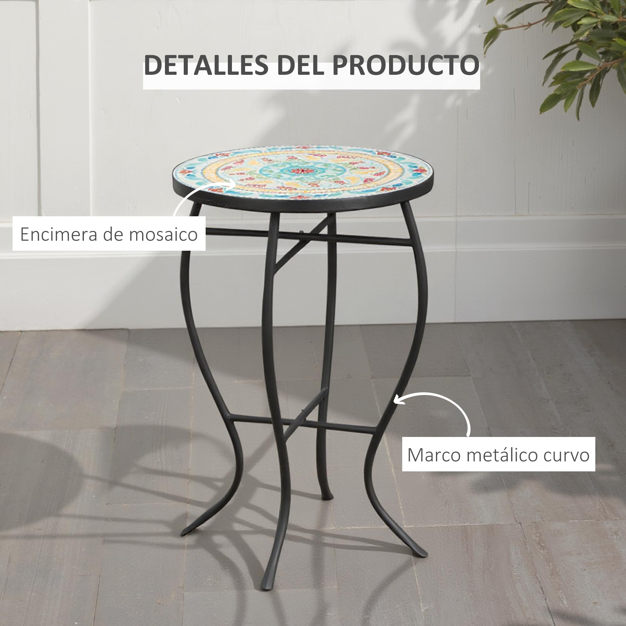 Outsunny Mesa de Jardín Redonda Mosaico Patas Metal Ø35,5x53,5 cm Turquesa