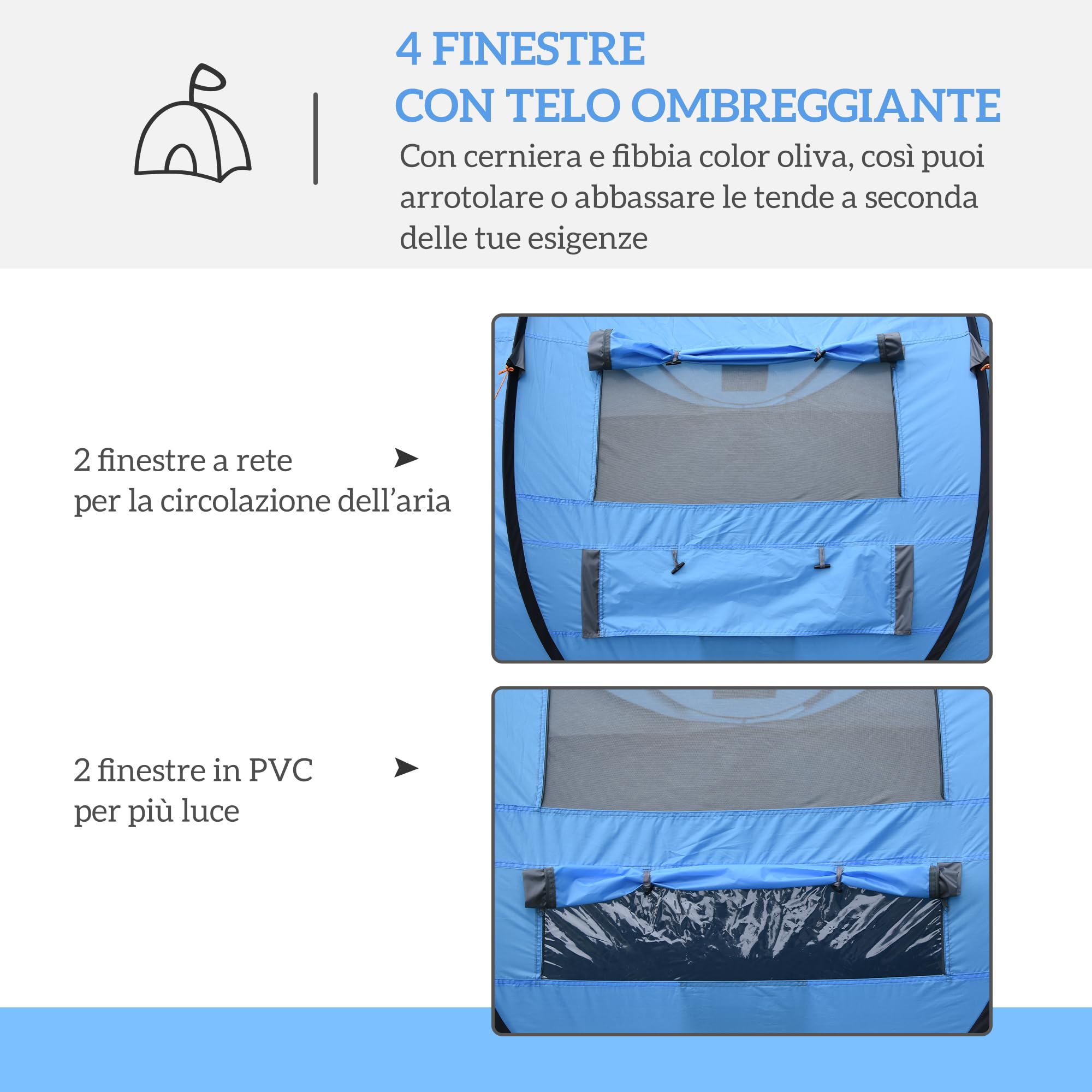 Outsunny Tenda da Campeggio Pop Up 4 Persone 2000mm Anti UV 20+ 263.5x220x123 cm Blu