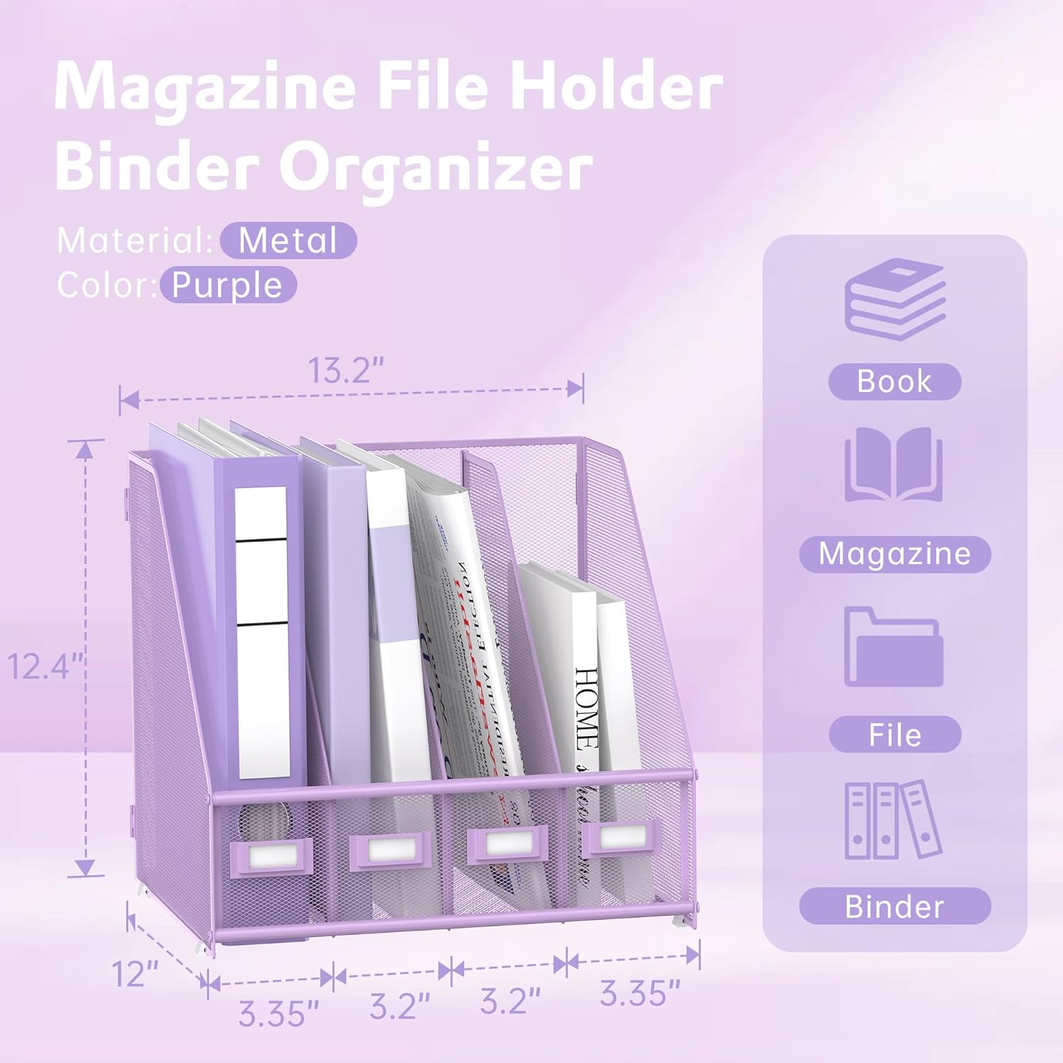 SUPEASY Magazine File Holder Desk Organizer, Metal Binder Holder with 4 Vertical Compartments for Office Home School, Purple