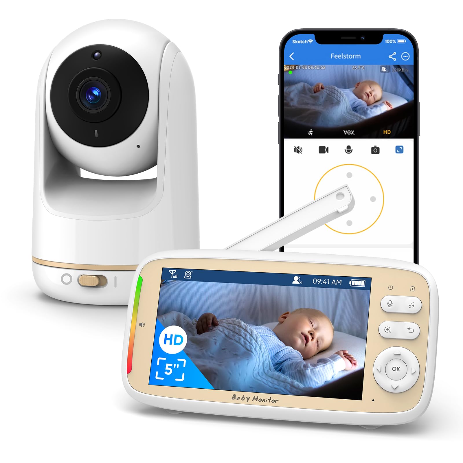MYPIN 5" Baby Monitor, 720P Baby Camera Monitor, Baby Monitor with Camera and Night Vision, App, PTZ, Music Control
