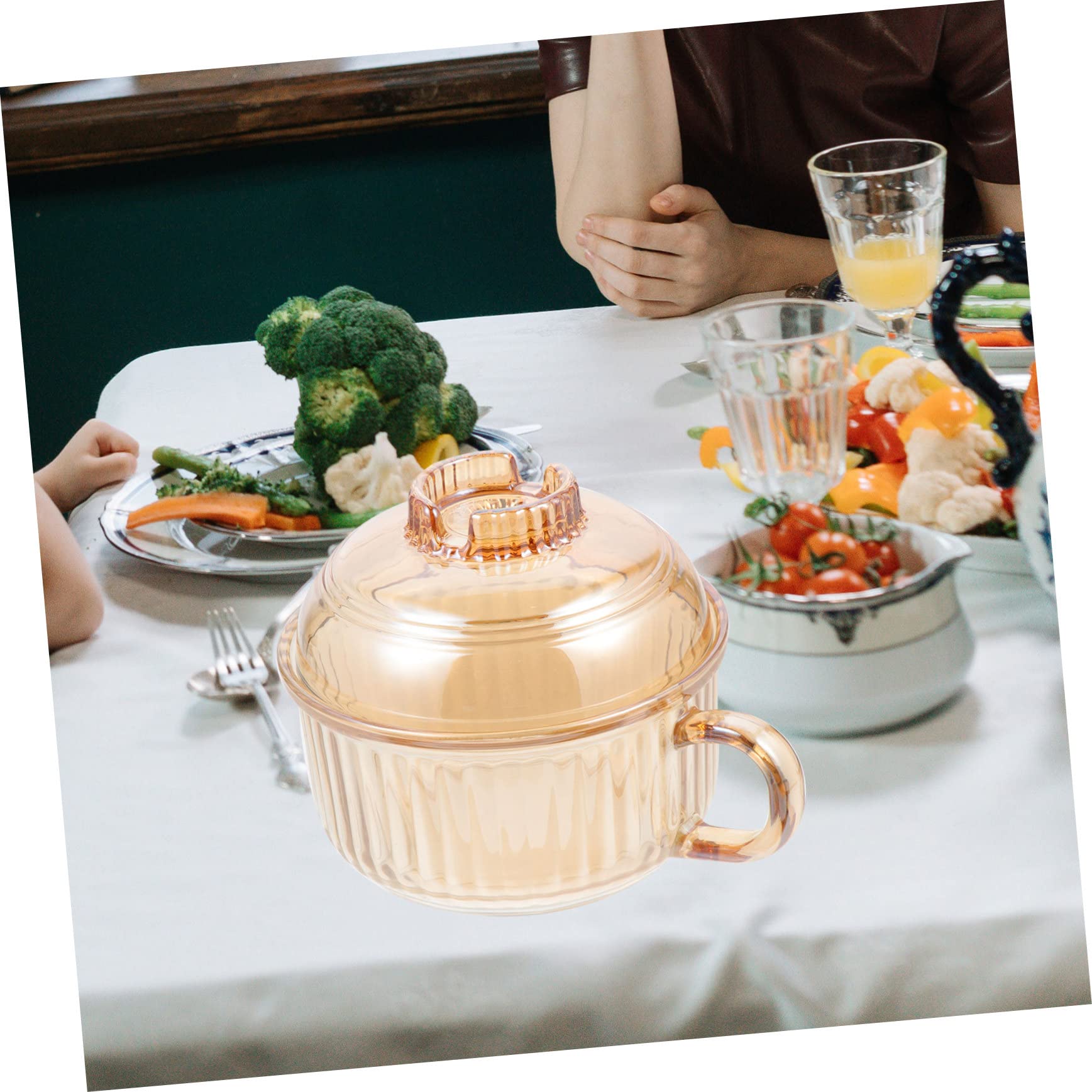 Tazón de Sopa de Vidrio con Asa y Tapa Ámbar con Diseño Vertical, Recipiente Práctico para Cocinar al Vapor, Apto Microondas, para Uso Doméstico y Estofados, Adecuado para Sopas