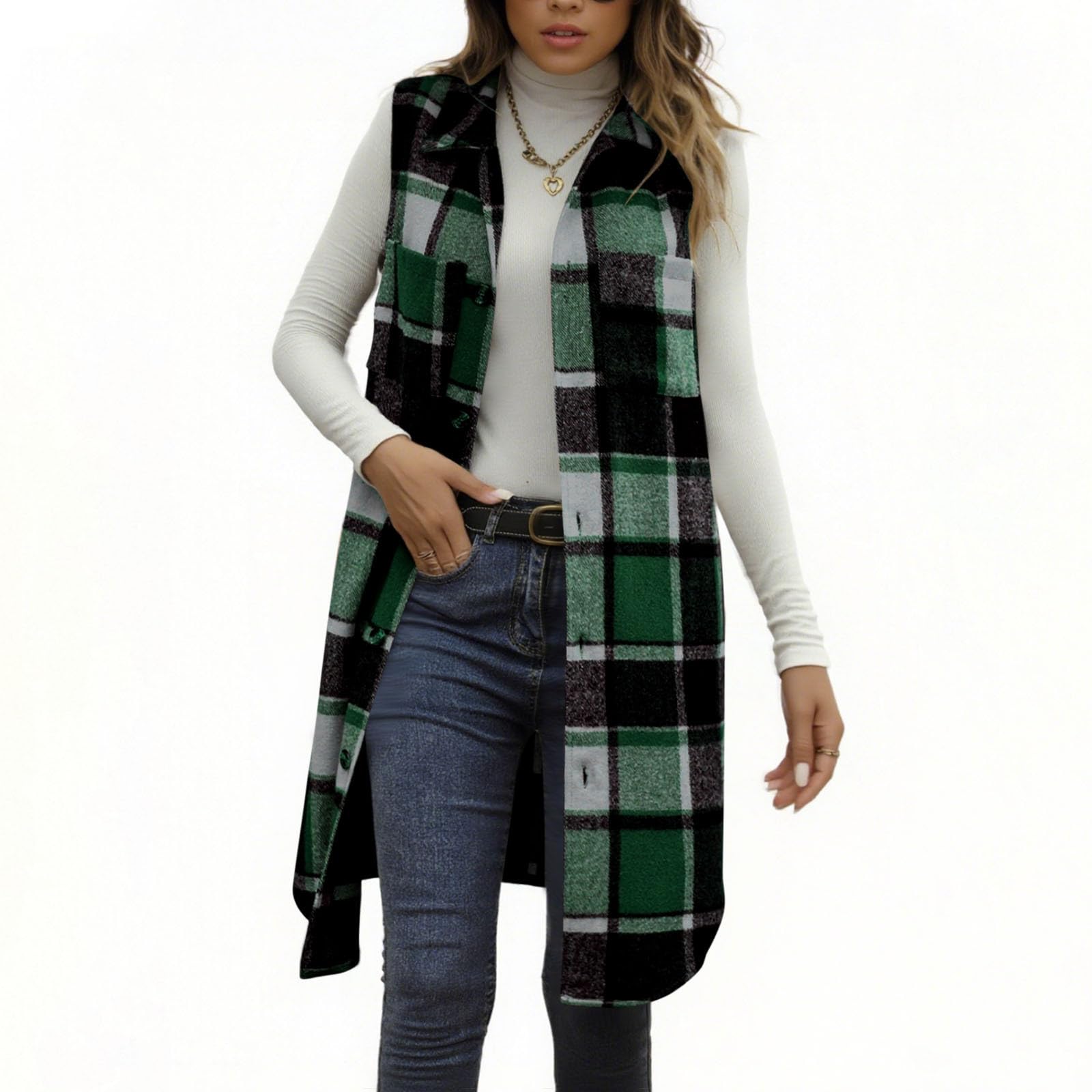 Long Vest for Women Flannel Plaid Lapel Neck Sleeveless Jacket Fashion Button Front Plaid Vests with Pocket