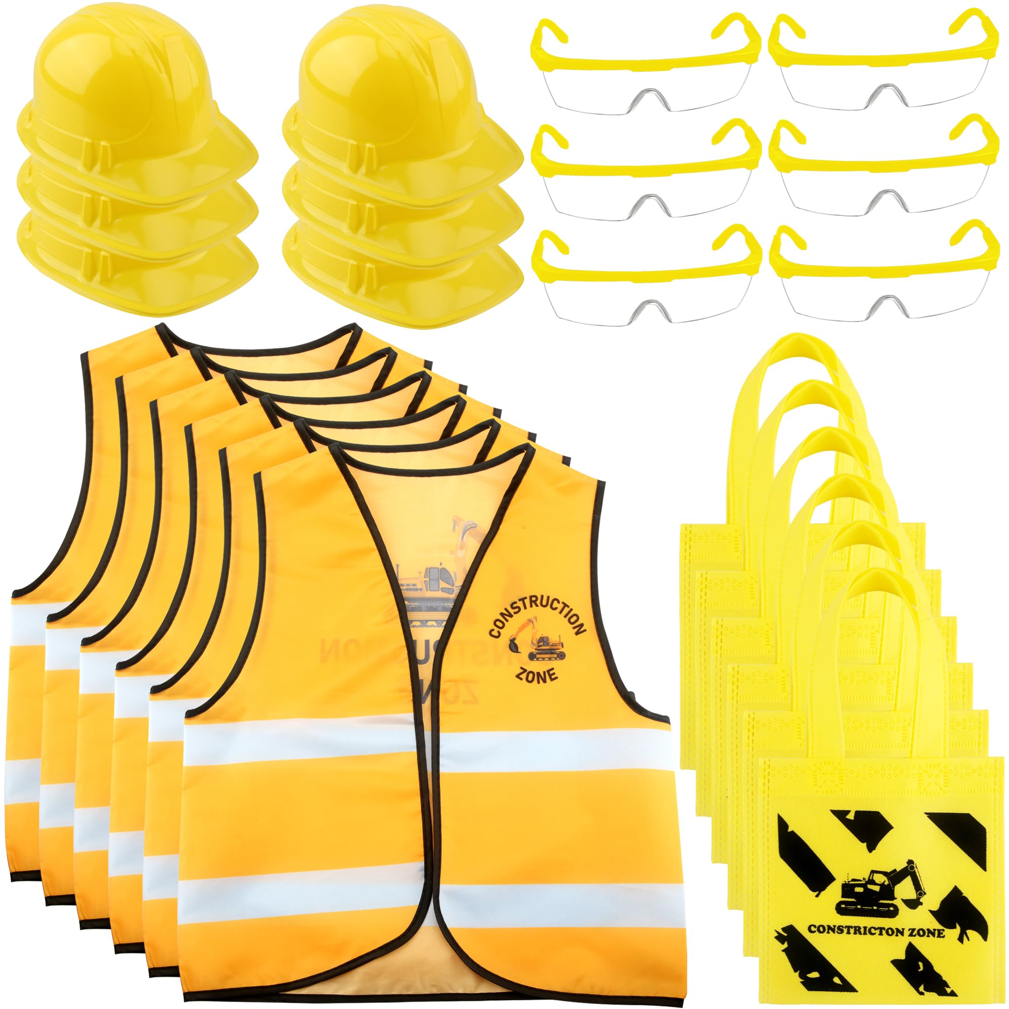 Flotory 24 Pcs Kids Construction Worker Vest Costume Construction Role Play Vest with Hat and Goggles Builder Career Outfit for Boys Girls Dress Up Party FavorHalloween