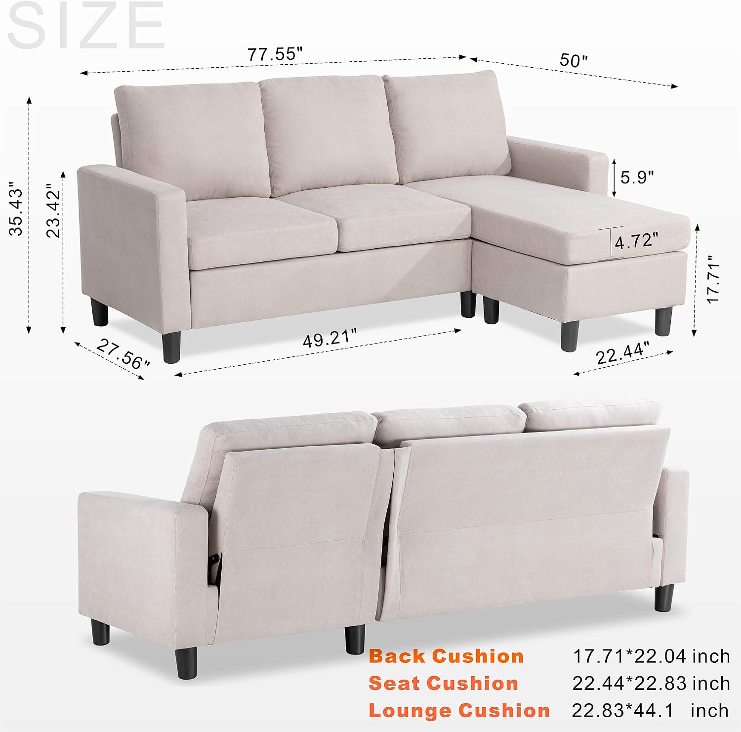 Walsunny Convertible Sectional Sofa for Small Space L-Shaped Couch with Modern Linen Fabric (Beige)