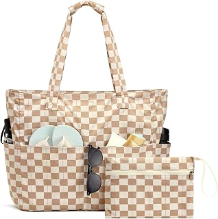 G4Free 50L Beach Bag Waterproof Sandproof, Large Foldable Beach Tote with Zipper for Women, Pool Travel Swim Grocery Tote Bags, Gray Strip