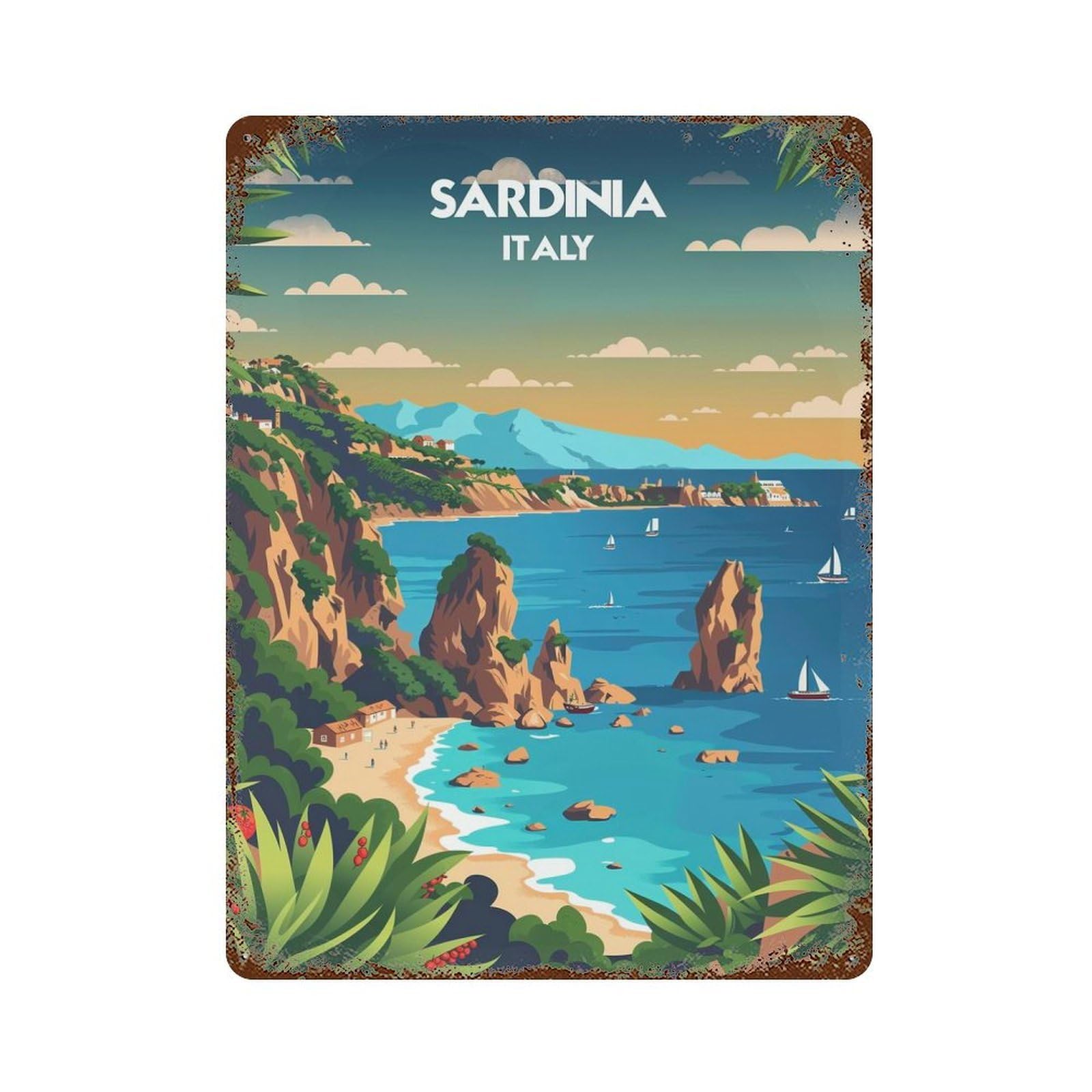 Rust Effect Sardinian Coastline Decorative Tin Sign 15.7"x11.8", Vintage Wall Decor for Farmhouse, Kitchen And Entryway Decor