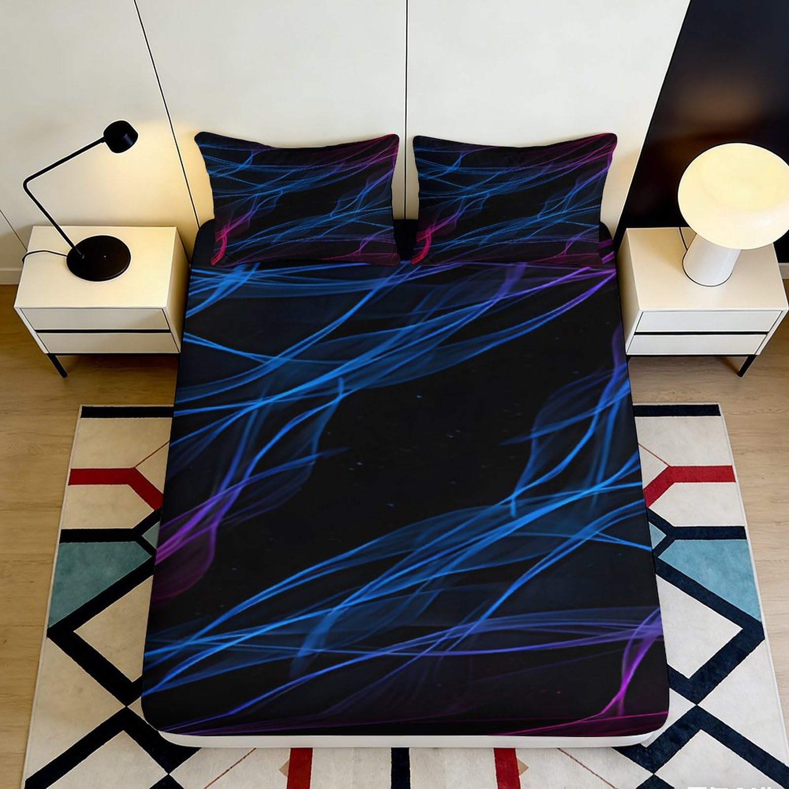 3D Printed Blue Purple Smoke Fitted Sheet Microfiber Soft Breathable Black Abstract Bed Cover for Bedroom Dormitory Guest Room Mattress Protection 160x200x25cm