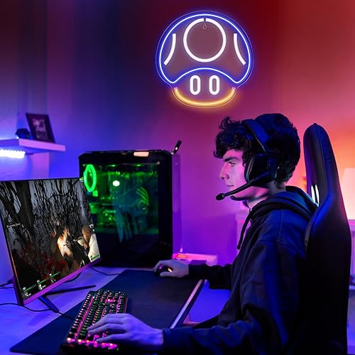 Miniatura 5 de Kavaas Letrero de neón para videojuegos, letrero de neón de hongos para decoración de sala de juegos, cueva de hombre, habitación de los niños,