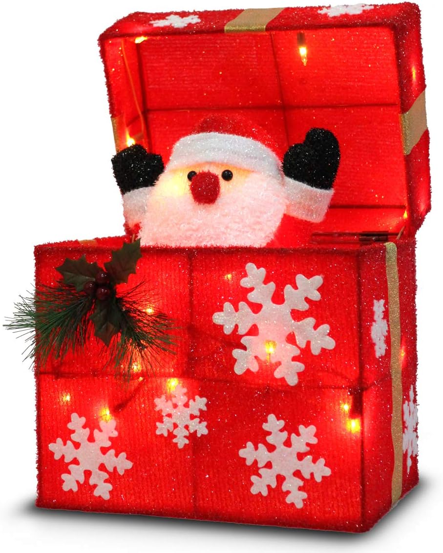 01 12" Gift Box Automatically Open, Santa, Built-in 18 LED Lights, Ip44 Water-Resistant, UL&CE Certificate, Decoration/Christmas Outdoor decorati, Red